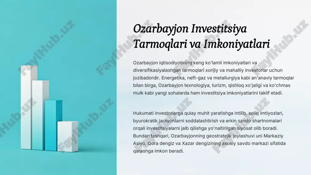 loyiha tanlash davlat va xususiy sektor o'rtasida loyiha tanlash va investitsiya yo'nalishini aniqlash. 2 kelishuvlarni imzolash loyiha shartlari, moliyalashtirish, boshqarish va xavflarni taqsimlash to'g'risida kelishuvlar imzolash. 3 loyiha amalga oshirish loyihani birgalikda amalga oshirish, resurslarni taqsimlash va natijalarni nazorat qilish. 4 foyda taqsimlash loyihaning daromadlarini va xarajatlarini davlat va xususiy sektor o'rtasida taqsimlash. ozarbayjon investitsiya muammolari va rivojlantirish istiqbollari ozarbayjonda investitsiyalarni rivojlantirishda bir qator muammolar mavjud. bunga byurokratik jarayonlarning murakkabligi, korrupsiya darajasi, yuridik tizimning nochorligi, moliyaviy resurslarning etishmasligi va infratuzilma muammolari kiradi. investitsiyalarni jalb qilish va rivojlantirish uchun bir qator chora-tadbirlar amalga oshirilishi kerak. bunga yuridik tizimni takomillashtirish, byurokratik to'siqlarni bartaraf etish, korrupsiyaga qarshi kurashni kuchaytirish, moliyaviy resurslarni jalb qilish, infratuzilmani rivojlantirish va biznes muhitini yaxshilash kiradi. 1 korrupsiyaga qarshi kurash korrupsiyani kamaytirish va shaffoflikni oshirish 2 yuridik tizimni takomillashtirish investitsiya muhitini yaxshilash uchun qonunlar va qoidalarni soddalashtirish 3 infratuzilmani rivojlantirish investitsiya loyihalarini amalga oshirish uchun energiya, transport va kommunikatsiya …