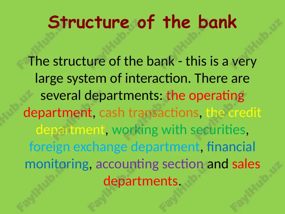 ng for customer operations 2. accounting for the bank's own operations 3. reporting 4. taxation sales department. here is a manager in various versions (manager, customer service, manager, customer acquisition, etc.). their goal is to attract new customers and retain old ones. sales staff in every possible way to collect contact potential customers organize various promotions, presentations, call up potential customers, in other words, do all that in a highly competitive environment with other banks to attract maximum number of customers in the bank and keep them there. it should be noted that bank worker must know english. my profession the banker. i chose this profession because i noticed that from an early age i loved math, i liked to think of examples, i was interested to draw graphs, make a table, work with documents. i think that the profession of a banker, i would fit. at this moment i …
