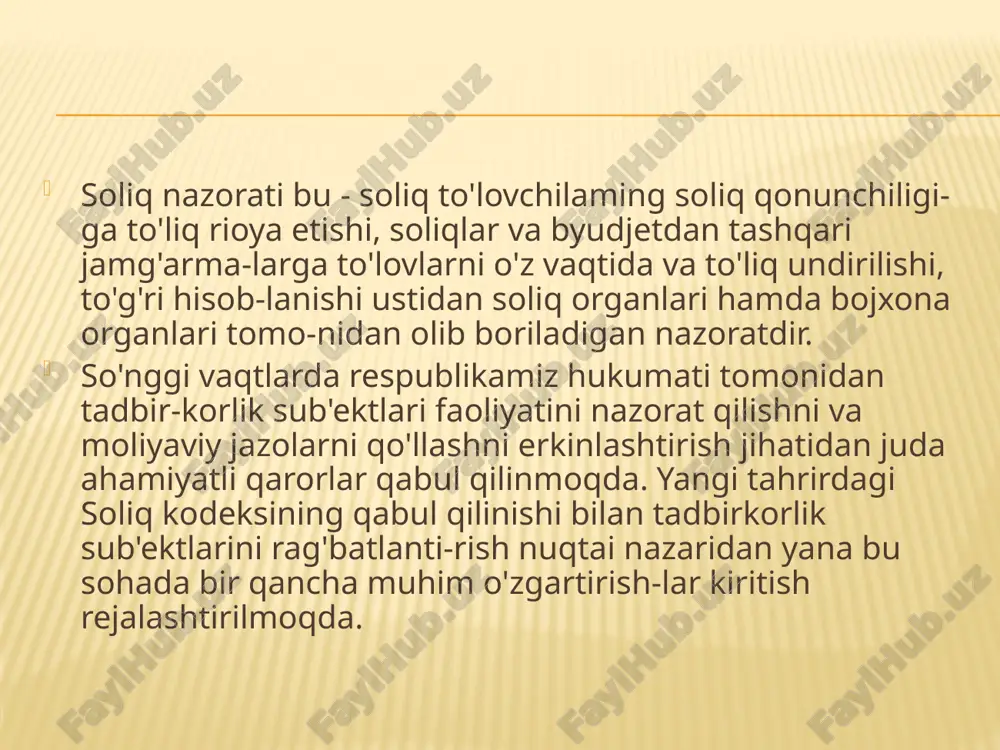 maklashishga majburdirlar. nazorat qiluvchi organlarning mansabdor shaxslari xo'jalik yurituvchi sub'ektlar faoliyatini tekshirish chog'ida o'z vakolat-lari doirasida quyidagi huquqlarga ega: tekshirilayotgan xo'jalik yurituvchi sub'ektlardan tekshirish o'tkazish bilan bevosita bog'liq bo'lgan zarur hujjatlar va boshqa axborotlarni talab qilish; tekshirilayotgan xo'jalik yurituvchi sub'ektlarga aniqlangan qoidabuzarliklarni bartaraf etish to'g'risidagi bajarilishi maj-buriy bo'lgan ko'rsatmalar berish; tegishli davlat hokimiyati va boshqaruv organlari, xo'jalik yurituvchi sub'ektlar mulkdorlari oldiga aybdor shaxslarning ja- vobgarligi to'g'risidagi masalani qo'yish; tekshiruvga auditorlik tashkilotlarini va (yoki) ekspertlami belgilangan tartibda shartnoma asosida jalb etish tekshiruvga va-zirliklar va idoralar, korxonalar, muassasalar va tashkilotlar-ning mutaxassislarini belgilangan tartibda shartnoma asosida jalb etish; qonun hujjatlarida nazarda tutilgan hollarda moliyaviy yoki ma'muriy jazo choralarini qo'llash; nazorat qiluvchi organlarning mansabdor shaxslari xo'jalik yurituvchi sub'ektlar faoliyatini tekshirish chog'ida o'z vakolat-lari doirasida quyidagilarni bajarishga majburdirlar: - tekshirilayotgan xo'jalik yurituvchi sub'ektlarga tekshirish o'tkazish huquqini beruvchi zarur hujjatlarni ko'rsatish; davlat siri, tijorat yoki boshqa sirlar saqlanishini ta'min-lash; tekshiruv natijalarini dalolatnoma (ma'lumotnoma) bilan rasmiylashtirib, uning …
