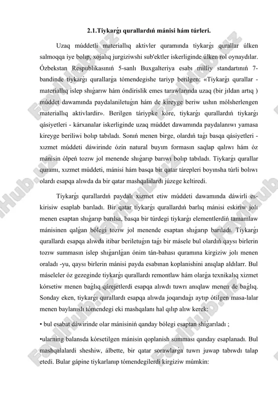 -is haywanları ; -ónim haywanlar ; -kóp jıllıq ósimlikler (terekler); -basqa tiykarǵı qurallar ; -konservatsiya etilgen tiykarǵı qurallar. áhmiyeti boyınsha, yaǵnıy óndiristegi qatnasıwına kóre, tiykarǵı qurallardı, ádetde, islep shıǵarıw áhmiyetine iye bolǵan hám óndirislik emes áhmiyetine iye bolǵan túrlerge ajıratıp uyreniledi. xojalıq iskerliginde paydalanıw dárejesi boyınshaasosiy qurallardı háreketdegi hám háreketde bolmaǵan túrlerge ajıratıw múmkin. tiyisligi kózqarasdanxo'jalik jurgiziwshi sub'ekttiń ózine tiyisli (yaǵnıy menshikli) bolǵan hám kireyge alınǵan tiykarǵı qurallarǵa ajratıladı. tarmaqlar boyınshaesa tiykarǵı qurallar sanaat, awıl xojalıǵı, qurılıs, transport, sawda hám ulıwma awqatlanıw, den sawlıqtı saqlaw hám taǵı basqalar sıyaqlı ekonomikanıń tarmaqlarına tiyisli bolǵan tiykarǵı qurallarǵa gruppalarǵa bólinedi. 5. tiykarǵı qurallardı jumısshı jaǵdayda saqlaw qárejetleri hám keyingi kapital qoyılmalar esabı tiykarǵı qurallardı satıp alınǵannan keyin onı saqlaw hám isletiw menen baylanıslı bir qatar qárejetler vujudga kela baslaydı. mısalı, remontlaw, isletiw, rekonstruktsiya hám jayların almastırıw menen baylanıslı qárejetler usılar gápinen bolıp tabıladı. bul qárejetlerdi esapqa alıw balanstı gruppalaw hám keyinirek tozıw boyınsha …
