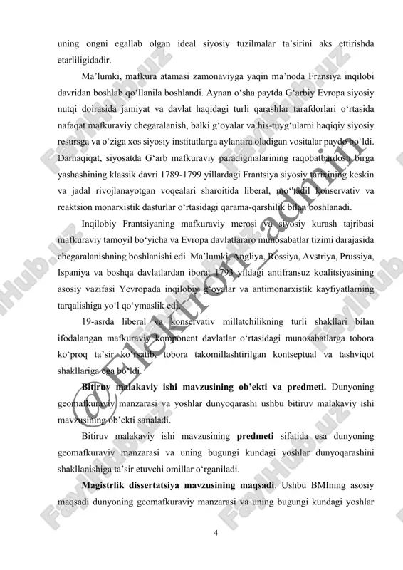 etarliligidadir. ma’lumki, mafkura atamasi zamonaviyga yaqin ma’noda fransiya inqilobi davridan boshlab qo‘llanila boshlandi. aynan o‘sha paytda g‘arbiy evropa siyosiy nutqi doirasida jamiyat va davlat haqidagi turli qarashlar tarafdorlari o‘rtasida nafaqat mafkuraviy chegaralanish, balki g‘oyalar va his-tuyg‘ularni haqiqiy siyosiy resursga va o‘ziga xos siyosiy institutlarga aylantira oladigan vositalar paydo bo‘ldi. darhaqiqat, siyosatda g‘arb mafkuraviy paradigmalarining raqobatbardosh birga yashashining klassik davri 1789-1799 yillardagi frantsiya siyosiy tarixining keskin va jadal rivojlanayotgan voqealari sharoitida liberal, mo‘'tadil konservativ va reaktsion monarxistik dasturlar o‘rtasidagi qarama-qarshilik bilan boshlanadi. inqilobiy frantsiyaning mafkuraviy merosi va siyosiy kurash tajribasi mafkuraviy tamoyil bo‘yicha va evropa davlatlararo munosabatlar tizimi darajasida chegaralanishning boshlanishi edi. ma’lumki, angliya, rossiya, avstriya, prussiya, ispaniya va boshqa davlatlardan iborat 1793 yildagi antifransuz koalitsiyasining asosiy vazifasi yevropada inqilobiy g‘oyalar va antimonarxistik kayfiyatlarning tarqalishiga yo‘l qo‘ymaslik edi. 19-asrda liberal va konservativ millatchilikning turli shakllari bilan ifodalangan mafkuraviy komponent davlatlar o‘rtasidagi munosabatlarga tobora ko‘proq ta’sir ko‘rsatib, tobora takomillashtirilgan kontseptual va tashviqot …
