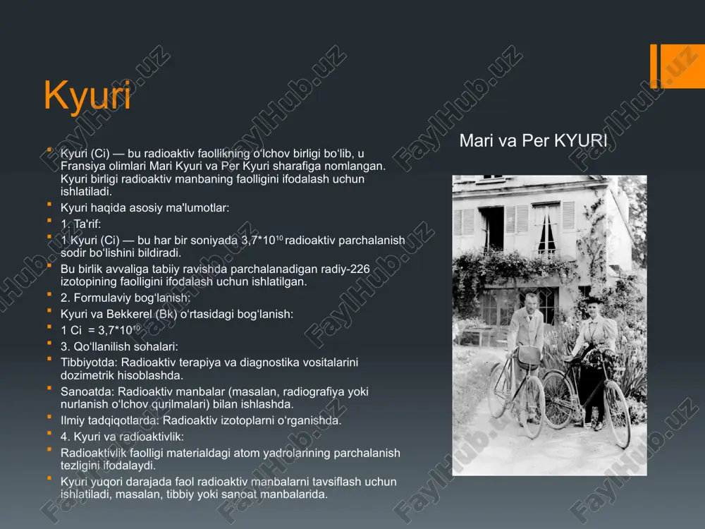 sekund (sv/s) — bu har soniyada organizm yoki material tomonidan yutilgan nurlanishning biologik ekvivalentining o‘lchovidir. matematik ifoda: ĥ=h/t h: biologik ekvivalent ta’sir tezligi (sv/s). h: ekvivalent doza (sievert). t: vaqt (sekund). qo‘llanilishi 1. radiatsiya xavfsizligi: zivert/sekund biologik xavflarni real vaqt rejimida baholash uchun ishlatiladi. masalan, yadro falokatlari yoki radiatsiya xavfli zonalarida inson xavfsizligini ta’minlashda. 2. tibbiyot: radioterapiyada nurlanishning inson to‘qimalariga qanday tezlikda ta’sir qilayotganini nazorat qilishda. 3. sanoat: yuqori energiyali nurlanish bilan ishlovchi texnologiyalar xavfsizligini ta’minlashda. rentgen vilgelm rentgen haqida qisqacha ma’lumot: vilgelm konrad rentgen 1845-yil 27-martda lennep, germaniyada tugʻilgan.u taniqli nemis fizigi bo‘lib, u 1895-yilda rentgen nurlarini (bugungi kunda x-nurlar deb ataladi) kashf etgan. ushbu kashfiyot zamonaviy tibbiyot, ilm-fan va texnikaning rivojlanishida inqilobiy o‘zgarishlarga olib keldi. rentgen nurlari kashfiyoti uchun u birinchi nobel mukofoti laureati bo‘lgan (1901-yil). rentgen (r) — bu ionlashtiruvchi nurlanishni o‘lchashda ishlatiladigan tarixiy birlik bo‘lib, u havoda ionlanish miqdorini ifodalaydi. bu birlik nurlanishning turli moddalarga, xususan …
