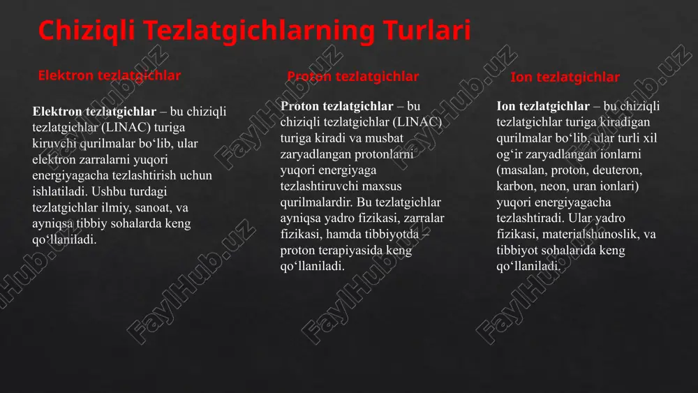 umiy ishlash narxini optimallashtirish mumkin. etiboringiz uchun raxmat) foydalanilan malumotlar: khan academy (2025). linear accelerators overview. https://www.khanacademy.or g american institute of physics (2025). principles of linear accelerators. https://ww w.aip.org https://uz.wikipedia.org/wiki/chiziqli_zarracha_tezlatgichi https://uz.wikipedia.org/wiki/radikal_terapiya https://uz.wikipedia.org/wiki/yadro_fizikasi https://www.khanacademy.org/ https://www.khanacademy.org/ https://www.aip.org/ https://www.aip.org/ https://uz.wikipedia.org/wiki/chiziqli_zarracha_tezlatgichi https://uz.wikipedia.org/wiki/radikal_terapiya https://uz.wikipedia.org/wiki/yadro_fizikasi https://uz.wikipedia.org/wiki/yadro_fizikasi slide 1 slide 2 slide 3 slide 4 slide 5 slide 6 slide 7 slide 8 slide 9 slide 10 slide 11