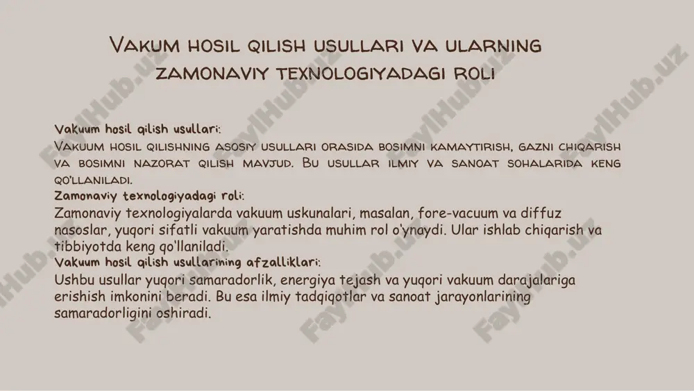 sipi va ularning samaradorligi ,diffuz nasoslar gaz molekulalarini harakatlantirish uchun yuqori harorat va energiya bilan ishlaydi. bu ularning gazlarni tez va samarali tarzda past bosimga tushirishida muhimdir. diffuz nasoslarning ishlash prinsipi diffuz nasoslar gazlarni yuqori tezlikda harakatlantiruvchi roto va statordan iborat bo‘lib, gaz molekulalarini qattiq va barqaror harakatga keltiradi. bu jarayon orqali past bosim hosil qilinadi. samaradorlik va muammolar diffuz nasoslar yuqori samaradorlik bilan ishlaydi, ammo ularda issiqlik yig‘ilishi va texnik nosozliklar yuzaga kelishi mumkin. to‘g‘ri texnik xizmat muhim ahamiyatga ega. igazlarni qattiqlashtirish xulosa vakuum texnologiyalari ilmiy va sanoat sohalarida katta rol o’ynaydi, yuqori sifatli mahsulotlar ishlab chiqarish va samarali jarayonlarni ta’minlaydi. vakuum texnologiyalarining muhim ahamiyati bu nasoslar tibbiyot, kosmik va metallurgiya sanoatida yuqori darajadagi vakuum hosil qilish uchun keng qo‘llaniladi, texnologik rivojlanishda muhim ahamiyatga ega. forvakum va diffuz nasoslarning qo‘llanilishi sun’iy intellekt va avtomatlashtirish vakum texnologiyalarini rivojlantiradi, ekologik toza va energiya tejovchi yechimlar bilan yangi ilovalar uchun imkoniyatlar yaratadi. …