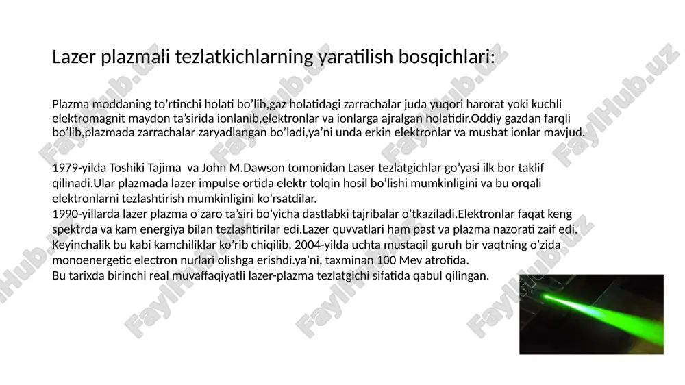 logik terapiyada,rentgen manbalarida va yadro sintezi tadqiqotlarida.shuningdek ushbu texnologiya orqali kelajakda katta maydonli va juda qimmatli zarracha tezlatkichlari o’rnini kichik,ixcham va arzon plazma tezlatgichlar egallashi mumkin. foydalanilgan adabiyotlar: 1.https://www.gauss-centre.eu/results/elementaryparticlephysics/electron-injection-techniques-in-plasma-wakefield-accelerators-for-driving-free-electron-lasers 2.https://phys.org/news/2021-04-plasma.amp 3. https://physicsworld.com/a/laser-plasma-accelerators-unlock-potential-for-radiobiology-studies-with-protons/ 4.https://uz.m.wikipedia.org/wiki/plazma_tezlatkichlar 5. https://lasermatter.umd.edu/research/wakefield-acceleration/ image1.jpeg image2.png image3.png image4.png image5.png /docprops/thumbnail.jpeg