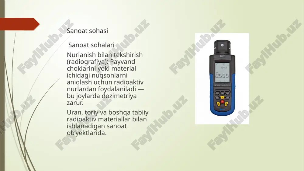 onitoring va real vaqt rejimida o‘lchov imkoniyati.ushbu dozimetrlar ko‘pincha radiatsiya xavfsizligini ta’minlashda, tibbiyotda (masalan, rentgenologiya va radioterapiya), sanoatda, ilmiy tadqiqotlarda va yadroviy energetika sohasida qo‘llaniladi. gazli dozimetrlar yordamida olingan natijalar yordamida insonlar va atrof-muhit uchun xavfli radiatsiya darajalari aniqlanib, zarur xavfsizlik choralari ko‘riladi.shuningdek, gazli dozimetrlar turli modifikatsiyalarda bo‘lib, masalan, ionizatsion kamera, geiger-müller hisoblagichi va boshqalar, har xil vazifalar uchun mo‘ljallangan. har bir tur o‘zining o‘lchov diapazoni va sezgirligiga ega bo‘lib, ular orasida tanlov o‘lchovning aniqligi va qo‘llanilish sohasiga bog‘liq.xulosa qilib aytganda, gazli dozimetrlar ionlashtiruvchi nurlanishni o‘lchash va nazorat qilishda muhim vosita hisoblanadi. ularning yordamida radiatsiya xavfsizligini ta’minlash, inson salomatligini himoya qilish va ekologik monitoringni samarali amalga oshirish mumkin. --- foydalanilgan adabiyotlar 1. radiatsionnaya bezopasnost i dozimetriya, pod red. v.i. kuznetsova, moskva, 2015. 2. iaea safety reports series no. 16, radiation protection and safety in medical uses of ionizing radiation, international atomic energy agency, 2008. 3. shakhverdian r.a., dosimetry and radiation …