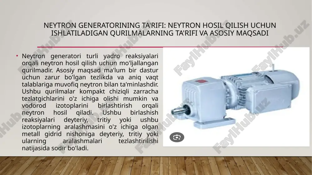 ik neytron spektroskopiyasi (pins) tizimida va faol quduq koinsidensiya hisoblagichida (awcc) qo'llanilishi o'rganilmoqda. hatto bor neytronni tutish terapiyasi (bnct) tadqiqotlarida ham d-d neytron generatorlarining potentsiali baholanmoqda. ion manbalari turlari: sovuq katod (penning), radiochastotali (rf), elektron siklotron rezonansi (ecr) manbalari • neytron generatorlarida ishlatiladigan turli xil ion manbalari mavjud bo'lib, ularning har biri o'ziga xos ishlash prinsiplari va xususiyatlariga ega. sovuq katodli (penning) ion manbai past gaz bosimida ishlaydi va kesishgan elektr va magnit maydonlardan foydalanadi. ion manbai anodi manbaning katodiga nisbatan musbat potentsialda (doimiy yoki impulsli) bo'ladi va ion manbai kuchlanishi odatda 2 dan 7 kilovoltgacha bo'ladi. manba o'qiga parallel yo'naltirilgan magnit maydon doimiy magnit tomonidan hosil qilinadi va anod o'qi bo'ylab plazma hosil bo'ladi, bu esa elektronlarni ushlab turish orqali manba ichidagi gazni ionlashtiradi. ionlar keyin chiqish katodi orqali chiqariladi. radiochastotali (rf) ion manbalarida ionlar yuqori chastotali elektromagnit maydonda hosil bo'lgan elektronlar tomonidan hosil qilinadi. ushbu razryad elektrodlar orasida …