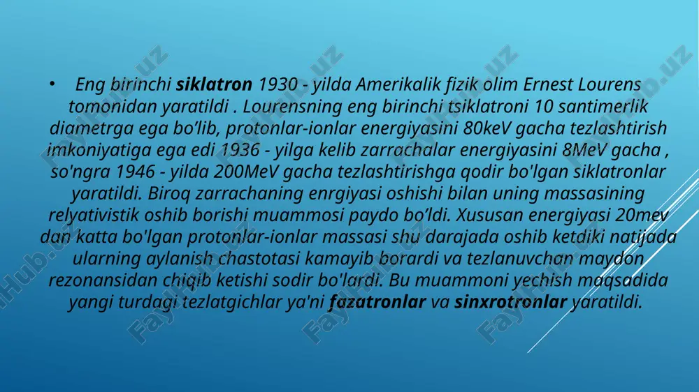 oniyatlarni yaratadi. fozotronlarning tibbiyotda qo’llanilishi fozotronlar tibbiyotda asosan proton terapiyasi va radioizotop ishlab chiqarish uchun ishlatiladi. ular onkologik kasalliklarni aniq va samarali davolash hamda pet diagnostika uchun muhim ahamiyatga ega. ayniqsa, proton terapiyasi tufayli sog‘lom to‘qimalarga zarar yetkazmagan holda saratonni davolash imkoniyati kengaymoqda. fozotronda fizik tadqiqotlar foydalanilgan adabiyotlar va saytlar 1) – i . b . isinskiy vvedenie v fiziku uskoriteley zaryajennix chastits 2) a. p. chernyaev, m.a. belixin, m. v.jeltonojskaya vvedenie v fiziku uskoriteley zaryajennix chastits www.iaea.org http://ru.wikipedia.org http://nuclphys.sinp.msu.ru www.nuu.uz www.ziyonet.uz http://www.iaea.org/ https://ru.wikipedia.org/ http://nuclphys.sinp.msu.ru/ http://www.nuu.uz/ http://www.ziyonet.uz/ e’tiboringiz uchun rahmat! tezlatgichlar fizikasi re’ja tsiklatron va fozotronlarning hamda ba’zi tezlatgichlarning yas eng birinchi siklatron 1930 - yilda amerikalik fizik olim ernes fozotron yoki sinxrotsiklatron bu siklatron modifikatsiyasi bo' sinxrotron - rezonansli tsiklik tezlatkichlarning bir turi. u ernest lourens siklatroni , eng birinchi siklatron fozotron - sinxrotsiklatron sinxrofozotron sinxrotron . 1 – dastlabki chiziqli tezlatgich 2 – protonlar m 2) siklatron va …