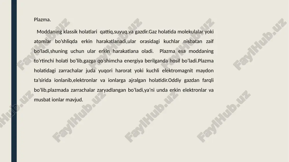 a materiallar ishlab chiqarishda nanoskopik darajadagi nur manbalari kerak bo’ladi-lazer plazmali tezlatkichlar bunga imkon beradi. 4.yadro materiallarni aniqlash,portlovchi moddalarni skanerlash,lazer-plazma radiografiyasi orqali yashirin obyektlarni aniqlash 5.kosmik zarrachalarni sinash,model qilish va himoya tizimlarini yaratish kichik,ixcham,sun’iy yo’ldoshga o’rnatiladigan tezlatkichlar yordamida fazoda to’g’ridan- to’g’ri eksperimentlar o’tkazish. xulosa lazer plazma tezlatkichlari nafaqat fundamental fizikada,balki meditsina,materialshunoslik va yuqori aniqlikdagi tasvirlash sohalarida ham katta ahamiyatga ega. ushbu mexanizm an’anaviy akseleratorga qaraganda: kichikroq o’lchamda yuqoriroq elektr maydon kuchida samaraliroq tarzda ishlashi bilan ajralib turadi ilm fan va tibbiyot sohasida bu texnologiyaning keng qo’llanilish imkoniyati mavjud-masalan,onkologik terapiyada,rentgen manbalarida va yadro sintezi tadqiqotlarida.shuningdek ushbu texnologiya orqali kelajakda katta maydonli va juda qimmatli zarracha tezlatkichlari o’rnini kichik,ixcham va arzon plazma tezlatkichlar egallashi mumkin. foydalanilgan adabiyotlar 1.https://www.gauss-centre.eu/results/elementaryparticlephysics/electron-injection -techniques-in-plasma-wakefield-accelerators-for-driving-free-electron-lasers 2.https://phys.org/news/2021-04-plasma.amp 3. https://physicsworld.com/a/laser-plasma-accelerators-unlock-potential-for-radiob iology-studies-with-protons/ 4.https://uz.m.wikipedia.org/wiki/plazma_tezlatkichlar 5. https://lasermatter.umd.edu/research/wakefield-acceleration/ 6. https://www.sciencelearn.org.nz/videos/104-gas-and-plasma-states 7. https://en.m.wikipedia.org/wiki/laser https://www.gauss-centre.eu/results/elementaryparticlephysics/electron-injection-techniques-in-plasma-wakefield-accelerators-for-driving-free-electron-lasers https://www.gauss-centre.eu/results/elementaryparticlephysics/electron-injection-techniques-in-plasma-wakefield-accelerators-for-driving-free-electron-laser