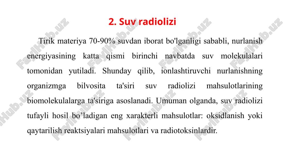 sh kerakki, nurlanish jinsiy quvvatga ko'rinadigan ta'sir ko'rsatmaydi. tuxumdonlar voyaga etgan ayol tuxumdonlarida rivojlanishning turli bosqichlarida birlamchi va ikkilamchi ovositlar populyatsiyasi mavjud (ularning shakllanishi tug'ilishdan keyin erta tugaydi). bu xususiyat ayol jinsiy hujayralarining yuqori radiosensitivligini va ularning qayta tiklanish qobiliyatini aniqlaydi. 1-2 gy dozada bitta nurlanishning ikkala tuxumdonga ta'siri vaqtinchalik bepushtlikni keltirib chiqaradi va 1-3 yil davomida hayz ko'rishni to'xtatadi, 2,5-6 gy dozada o'tkir nurlanish bilan doimiy bepushtlik rivojlanadi. oshqozon-ichak trakti – ingichka ichak eng radiosezgir hisoblanadi, undan keyin radiosezgirlik pasayadi: og'iz bo'shlig'i, til, so'lak bezlari, qizil o'ngach, oshqozon, to'g'ri ichak va yo'g'on ichak, oshqozon osti bezi, jigar. yurak-qontomir tizimi. qon tomirlarining eng radiosezgir qatlami qon tomir devorining tashqi qatlami (kollagen miqdori yuqori bo'lganligi sababli). yurak radiochidamli organ, ammo 5-10 gy dozada mahalliy nurlanish bilan miokardda o'zgarishlar aniqlanadi va 20 gy dozada endokardning shikastlanishi qayd etiladi. nafas olish organlari. voyaga etgan odamning o'pkasi past proliferative faollikka ega barqaror organ, shuning …