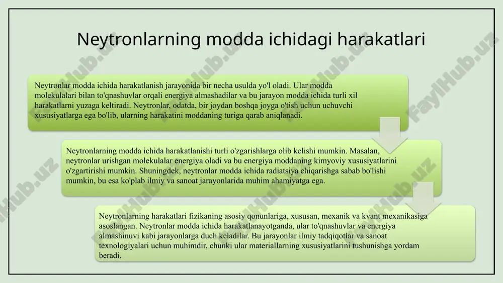 alash. har bir turda neytronlar atomlarga va molekulalarga turli darajada ta'sir qiladi, bu esa moddaning fizikaviy va kimyoviy xususiyatlariga ta'sir ko'rsatadi. neytronlarning elastik tarqatishida, neytronlar atomlar bilan urishib, energiya yo'qotmaydi. inelastik tarqatishda, neytronlar energiya yo'qotadi va atomlar ichidagi quvvat darajalarini o'zgartiradi. neytronlarning yutilishi esa, asosan, yuqori energiyali neytronlar bilan sodir bo'ladi. misollar sifatida, neytronlar bilan o'ralgan materiallar energiya ishlab chiqarishda qo'llaniladi. ilmiy tadqiqotlar: metodlar va natijalar neytronlar va modda o'zaro ta'sirini o'rganish uchun turli metodlar qo'llaniladi. tadqiqot natijalari ilm-fan va sanoat uchun muhim ahamiyatga ega, xususan, materiallar ishlab chiqarishda va tibbiyotda. bu tadqiqotlar nazariy va amaliy jihatdan baholanadi. neytronlar va modda o'zaro ta'sirini o'rganishda eksperimental va nazariy metodlar qo'llaniladi. neytron dispersiyasi va spektroskopiya usullaridan foydalanish natijalari modda xususiyatlarini aniqlashga yordam beradi. photo by tomas martinez on unsplash neytronlar va modda: kelajakdagi tadqiqotlar neytronlar va modda o'zaro ta'sirini o'rganish kelajakda ko'plab yangi imkoniyatlarga olib kelishi mumkin, bu esa ilm-fanda katta o'zgarishlarga …