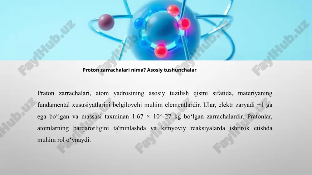 iyasi orqali xavfli o‘simtalarni aniq nishonga olib davolash mumkin. shuningdek, yadroviy energetikada va materialshunoslikda ham protonlar muhim rol o‘ynaydi. xulosa qilib aytganda, praton zarrachalarining manbalari bo‘yicha olib borilayotgan tadqiqotlar nafaqat nazariy jihatdan, balki amaliy hayotda ham katta ahamiyat kasb etadi. ularning xossalari, energiyalari va o‘zaro ta’sirlari haqidagi bilimlar zamonaviy fan va texnologiya taraqqiyotining asosiy poydevorlaridan biridir. foydalanilgan adabiyotlar 1. g.q. jalilov, a.a. karimov – yadro fizikasi asoslari. toshkent: o‘zbekiston milliy universiteti nashriyoti, 2015. 2. m.m. gulyamov – zamonaviy fizikadan ma’ruzalar. toshkent: fan, 2012. 3. d.c. tayler – yadro va zarracha fizikasi. tarjimasi: o‘zbekiston fanlar akademiyasi, 2009. 4. krane, k. s. – introductory nuclear physics. wiley, 1987. 5. griffiths, d. – introduction to elementary particles. wiley-vch, 2008. 6. perkins, d. h. – introduction to high energy physics. cambridge university press, 2000. 7. https://uz.wikipedia.org 8. https://dadaoenergy.com/uz/blog/proton-nutron-nad-elcttorn-definition e`tiboringiz uchun rahmat! image4.png image5.png image6.png image3.png