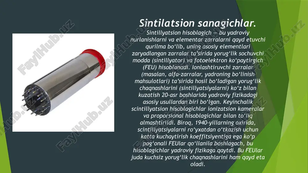 i)ni aniqladi . pozitron qoldirgan trek yo’nalishi yordamida uning zaryadining ishorasini aniqladi aylanasimon treckinig radiusi yordamida esa energiyasi hamda zaryadining massasiga nisbati aniqlandi. qb = m | qbr = m = foydalanilgan adabiyotlar va saytlar g . ya . myakishov , a . z . sinyakov . fizika : optika kvantovaya fizika : str 345 tema 7.2 m . a . qayumov . dozimetriya asosalari va ionlashtiruvchi nurlardan homyalanish. 160 bet , 5.5 mavzu. http://nuclphys.sinp.msu.ru/enc/e185.htm https://ru.wikipedia.org/wiki https://ufn.ru/ufn15/ufn15_5/russian/r155h.pdf https://www.youtube.com/live/1gfmu_kutqi?si=nbbnuc5n5x7_9xvv https://www.youtube.com/live/k7fttwuj0mq?si=k09iskqquggbf6nq https://studfile.net/preview/9258802/page:16/ e’tiboringiz uchun rahmat. image1.jpg image2.png image3.png image4.png image5.jpg image6.png image7.png image8.png image9.png image10.png image11.png image12.png image13.png image14.png image15.png image16.png image17.png image18.png image19.png image20.png image21.png /docprops/thumbnail.jpeg
