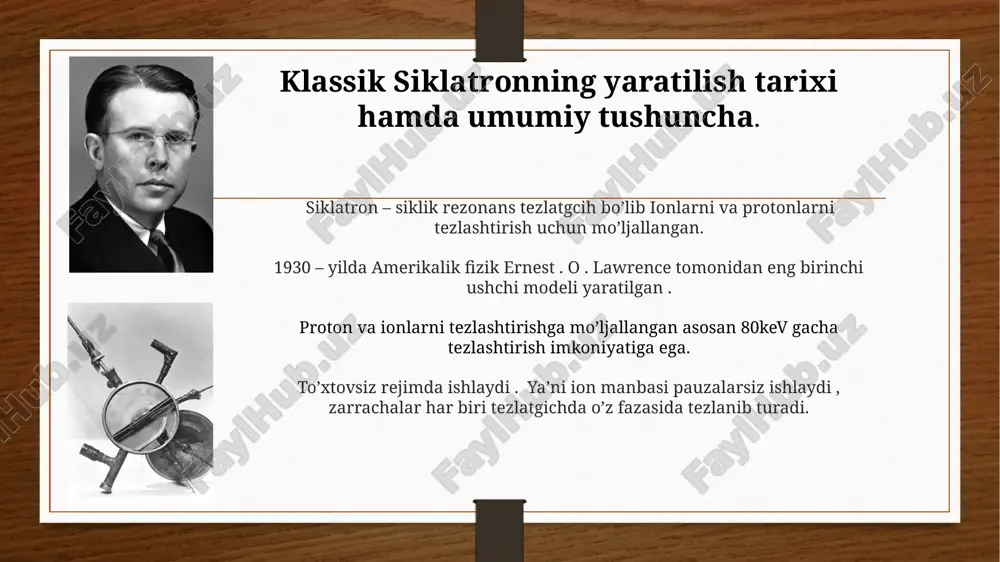 llanilishi. protonli izoxron tsiklotron tibbiyot maqsadlari uchun c230, iba kompaniyasidan, «issiq» magnitlar bilan. tezlatilgan zarrachalarning energiyasi 230 mev, magnitning diametri 4,3 m, maksimal magnit maydoni kattaligi 2,2 tl. protonli izoxron tsiklotron superprovodlovchi («sovuq») magnitlar bilan tibbiyot maqsadlari uchun varian kompaniyasidan. tezlatilgan protonlarning energiyasi 250 mev, maksimal magnit maydoni kattaligi 4 tl, to‘rt bo‘lakli magnitning diametri 3,2 m. triumf 70-520 mev h- cyclotron (in 1972) xulosa. siklatronlar klassik siklatron va uning turi hil modifikatsiyalari yadro fizikasi tadqiqotlarini o’rganishga umuman dunyoga boshqacha nuqtayi nazardan ko’z tashlash kalitini berdi desk mubolag’a bo’lmaydi . umuman tezlatgcihlar bizga olamning qanday zarrachlardan tashkil topganini yanda chuqurroq o’rganishga va bir necha qator haligacha javobga ega bo’lmagan savollarga xususan butun olam , materiya eng birinchi qaysi zarrachalar yoki to’lqinlardan tashkil topgan ? katta portlashgacha nimalar olamda mavjud bo’lgan ? qaysi zarrachalar ? yanda qaysi zarrachalarni hosil qilish mumkin? ularning hususiyarlari foydasi zarari , insoniyat rivojlanishida qanday rolga ega …
