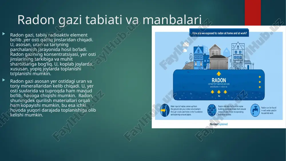 ini o'lchash uchun juda oddiy testlar mavjud. ba'zi mamlakatlarda bunday sinovlar metodik ravishda radon darajasi yuqori bo'lgan hududlarda o'tkaziladi. savdoda radon darajasini o'lchash uchun raqamli qurilmalar (emanometrlar) mavjud. radon darajasini aniqlash uchun eko-press qurilmalari arzon va ba'zi hollarda bepul. tahlillarni o'tkazish uchun tegishli ko'rsatmalar ishlab chiqilgan. radon to'plami turar-joy binosining birinchi qavatida 27 kun davomida o'rnatilishi kerak bo'lgan kollektorni o'z ichiga oladi. dalev kollektori tahlil qilish uchun laboratoriyaga yuboriladi. uzoq muddatli (bir yilgacha) radon darajasini o'lchash uchun asboblar ham mavjud. qurilish boshlanishidan oldin erdan chiqarilgan radon miqdorini o'lchash mumkin, radon kontsentratsiyasi har kuni o'zgarishi mumkin, shuning uchun odamlar vaqtlarining muhim qismini o'tkazadigan xonalarda o'rtacha radon kontsentratsiyasini uzoq muddatli o'lchash zarur. radon kontsentratsiyasi o'zgaruvchan ob-havo sharoiti kabi omillar tufayli tabiiy tebranishlarga duchor bo'ladi, shuning uchun dastlabki sinov radonning o'rtacha kontsentratsiyasi bo'yicha aniq natija bermasligi mumkin. havodagi radon darajasi kunning eng sovuq qismida, bosimning eng katta o'zgarishida eng yuqori bo'ladi. shuning uchun, …