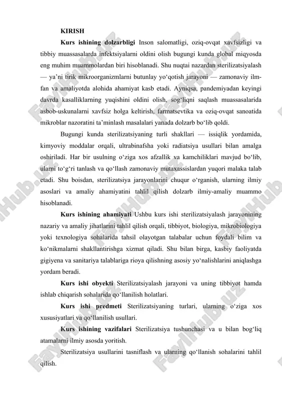 uchun muhimdir. steril sharoitlarda o‘tkaziladigan eksperimentlar ishonchli natijalar olish imkonini beradi[footnoteref:3]. [2: yusupova s.x. tibbiyot mikrobiologiyasi asoslari. – toshkent: tibbiyot, 2019. ] [3: karimov a.t. gigiyena va epidemiologiya asoslari. – toshkent: “tibbiyot”, 2020.] sterilizatsiyaning asosiy vazifalari quyidagilarni o‘z ichiga oladi: birinchidan, patogen va saprofit mikroorganizmlarni yo‘q qilish. sterilizatsiya jarayoni nafaqat kasallik qo‘zg‘atuvchi mikroorganizmlarni, balki shartli patogen va saprofit mikroorganizmlarni ham yo‘q qilishga qaratilgan. bu, ayniqsa, immuniteti susaygan bemorlar uchun muhimdir, chunki ularda hatto odatda zararsiz bo‘lgan mikroorganizmlar ham infeksiyaga olib kelishi mumkin. ikkinchidan, mikroorganizmlarning ko‘payishini to‘xtatish. sterilizatsiya mikroorganizmlarning o‘sish va ko‘payish qobiliyatini butunlay yo‘q qiladi, bu esa infeksiyaning tarqalishining oldini olishning eng samarali usulidir. disinfeksiya faqat mikroorganizmlarning sonini kamaytirsa, sterilizatsiya ularni butunlay yo‘q qiladi. uchinchidan, aseptik muhitni ta’minlash. sterilizatsiya tibbiy muolajalar, farmatsevtika ishlab chiqarishi va mikrobiologik tadqiqotlar kabi jarayonlar uchun zarur bo‘lgan steril sharoitlarni yaratadi[footnoteref:4]. aseptik muhit infeksiya xavfini minimal darajaga tushirish va muolajalarning xavfsizligini ta’minlash uchun kritik ahamiyatga ega. …