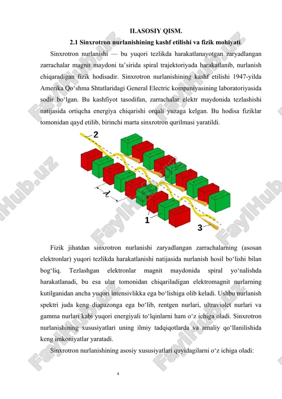 etadi. sinxrotronlar bugungi kunda ilmiy markazlar uchun zarur bo‘lgan vositadir, chunki ular ilmiy tadqiqotlar uchun kerakli eng yuqori sifatli nurlanish manbai hisoblanadi. sinxrotron nurlanishining kelajakdagi istiqbollari ham juda keng. u nanotexnologiya va biologiya kabi sohalarda yanada rivojlanib, ilmiy va amaliy izlanishlarga yangi imkoniyatlar yaratadi. shu bilan birga, yangi sinxrotron qurilmalari va yuqori energiyali nurlanishlar yordamida ko‘plab yangi ilmiy kashfiyotlar amalga oshirilishi kutilmoqda. sinxrotron nurlanishi hozirda va kelajakda ilmiy tadqiqotlarning ajralmas qismiga aylanishi mumkin. 7 2.2.sinxrotron nurlanishining optik xossalari va qo‘llanilishi sinxrotron nurlanishi o‘zining optik xossalari bilan boshqa nurlanish turlaridan sezilarli farq qiladi. uning yuqori intensivligi va monoxromatikligi sinxrotron nurlanishini ilmiy va texnologik tadqiqotlarda noyob vositaga aylantiradi. sinxrotron nurlanishining eng muhim xususiyatlaridan biri uning juda tor spektral diapazonga ega bo‘lishidir. bu nurlanish turi keng diapazonda to‘g‘ridan-to‘g‘ri yoki bilvosita spektral tahlil qilish imkoniyatini beradi. sinxrotron nurlanishining intensivligi, o‘zining yuqori energiya chiqarish xususiyati bilan, tadqiqot jarayonida katta foyda keltiradi. bundan tashqari, sinxrotron nurlanishi …