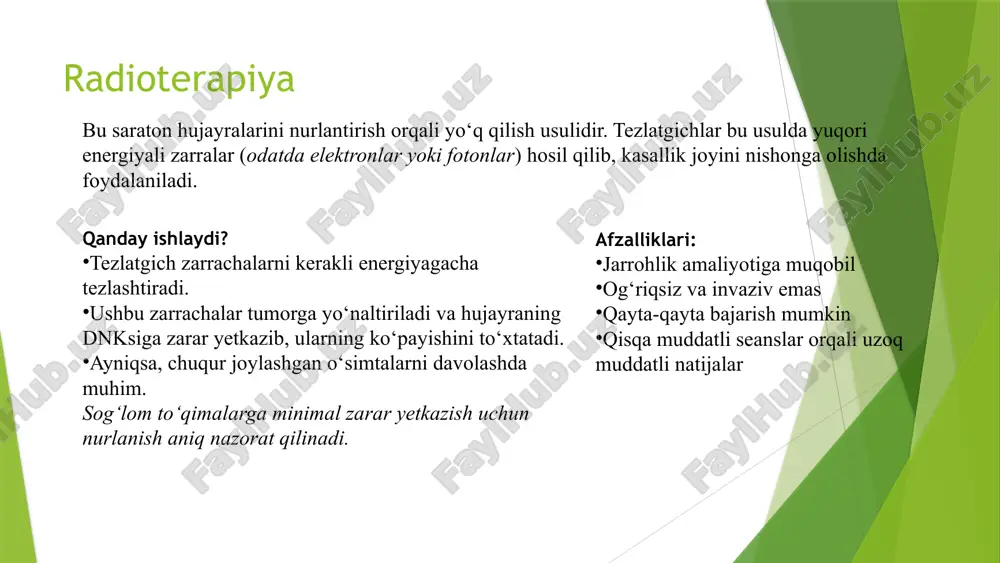 rlar o‘zaro bog‘lanadi (cross-linking). •natijada material issiqqa, kimyoviy ta’sirga va mexanik kuchga chidamli bo‘ladi. misol: avtomobil qismlari, shlanglar, qadoqlash materiallari. elektr va elektronika sanoati •kabel va izolyatsion materiallar radiatsiya bilan ishlov berilgach, samaradorlik va ishonchlilik oshadi. •harorat va yuklama o‘zgarishlariga barqaror bo‘ladi. misol: kosmik yoki sanoat elektr simlari. radiografiya va sifat nazorati radiografiya — bu nurlanish (odatda rentgen yoki gamma) yordamida material yoki mahsulot ichki tuzilmasini ko‘rishga imkon beradigan usuldir. tezlatgichlar yuqori energiyali zarralar ishlab chiqarib, bu jarayonni aniq, tez va chuqur qiladi. bu usul sifat nazorati va nosozliklarni aniqlash uchun keng qo‘llaniladi, ayniqsa: •aviatsiya sanoatida •qurilish materiallarida •yadro sanoatida •metallurgiyada ichki yoriq, bo‘shliq va nuqsonlarni aniqlash •sirt ostida yashiringan kamchiliklarni tez va aniq topadi. •tezlatgich orqali olingan yuqori energiyali nurlar chuqurroq kirib boradi, bu esa qalin metallarda ham nazoratni osonlashtiradi. misol: samolyot qanotidagi yoriqni aniqlash yoki quvur ichidagi zangni topish. qon va asboblarni sterilizatsiya qilish tibbiyotda ishlatiladigan donor qon, …