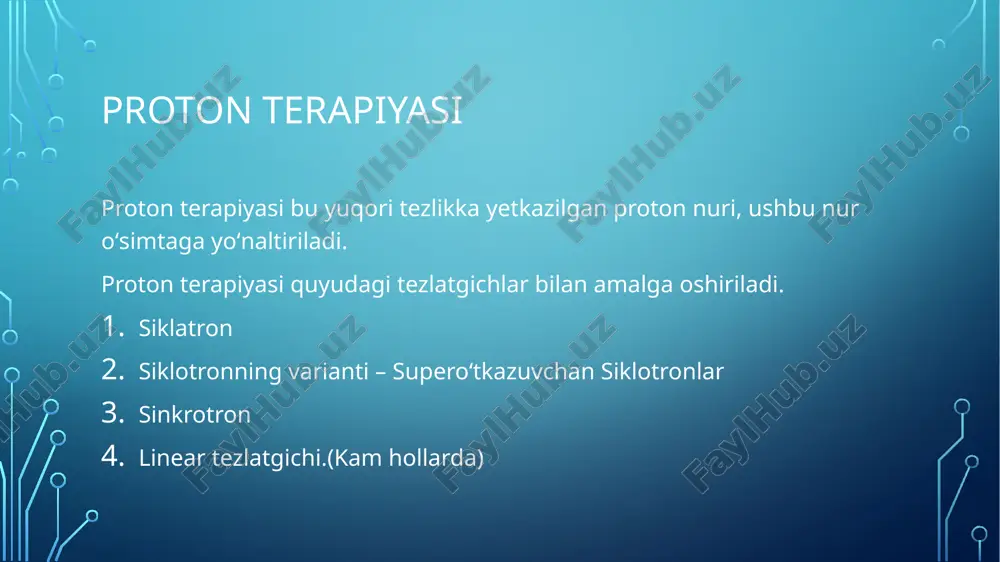 bo‘lib, suvdagi organik va noorganik ifloslantiruvchilarni, bakteriyalarni, viruslarni va dorivor modda qoldiqlarini zararsizlantirish uchun tezlatilgan elektronlar yoki ionlashtiruvchi nurlanish qo‘llaniladi. qanday ishlaydi? 1. tezlatgich (electron beam accelerator) suv orqali yuqori energiyali elektron nurlari (e-beam) yoki x-nurlar yuboradi. 2. bu nurlar suvdagi moddalarga urilib, radikallar (masalan, oh·, h·) hosil qiladi. 3. bu radikallar suvdagi toksik, infeksion yoki barqaror ifloslantiruvchilarni parchalaydi yoki neytrallaydi. qanday muammolarni hal qiladi? farmatsevtik qoldiqlar (antibiotiklar, gormonlar) organik ifloslantiruvchilar (pcb, fenollar, pestitsidlar) bakteriyalar, viruslar, mikroorganizmlar toshqin yoki oqava suvdagi zararli aralashmalar foydalanilgan adabiyotlar chatgpt https://www.mayoclinic.org/tests-procedures/proton-therapy/about/pac-2utm_758?utm_soucore https://www.who.int/publications/i/item/9789241549851 https://iris.who.int/bitstream/handle/10665/364587/who-uhl-ihs-ipc-2022.4-eng.pdf?isallowed=y&sequence=1 https://www.cdc.gov/infection-control/hcp/disinfection-sterilization/summary-recommendations.html https://youtube.com/watch?v=tv4krexy_ru&si=f3q31seeaantdej_ e'tiboringiz uchun rahmat image2.png image3.jpeg image4.jpeg image5.jpeg image6.jpeg image7.jpeg image8.jpeg image9.jpeg image10.jpeg image11.jpeg /docprops/thumbnail.jpeg