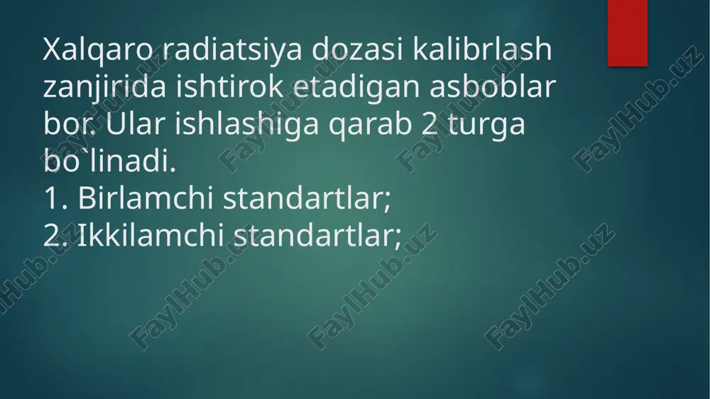 niyati: o'qishdan so'ng, tld qayta ishlatilishi mumkin (lekin bu uchun maxsus protseduralar talab qilinadi). 4. asbobning qo'llanilishi: * radiatsion xavfsizlik: radiatsiya bilan ishlaydigan xodimlarning radiatsiya ta'sirini o'lchash uchun. * yadro tibbiyoti: radiatsiya terapiyasida bemorlarning radiatsiya dozasini o'lchash uchun. * atrof-muhit monitoringi: atrof-muhitdagi radiatsiya darajasini o'lchash uchun. tldlar radiatsiya ta'sirini aniq va ishonchli o'lchash uchun keng qo'llaniladigan asbob hisoblanadi. dozimetriyada "formalizmlar" deganda, radiatsiya dozasini aniqlash va hisoblash uchun ishlatiladigan matematikaviy usullar, protokollar va tizimlar tushuniladi. bu formalizmlar radiatsiya o'lchovlarining aniqligi, izchilligi va xalqaro miqyosda taqqoslanishini ta'minlash uchun ishlab chiqiladi. dozimetriyadagi formalizmlar odatda quyidagi elementlarni o'z ichiga oladi: * birlamchi standartlar: radiatsiya dozasining asosiy o'lchovlari milliy metrologiya institutlari (masalan, nist, bipm) tomonidan saqlanadi. bular eng aniq o'lchovlarni ta'minlaydi. * kalibrlash protokollari: dozimetrlar va boshqa o'lchov asboblarini birlamchi standartlarga nisbatan kalibrlash usullari. bu protokollar o'lchovlarning izchilligini ta'minlaydi. * hisoblash algoritmlari: radiatsiya o'lchovlaridan dozani aniqlash uchun ishlatiladigan matematik formulalar va algoritmlar. bu algoritmlar turli …