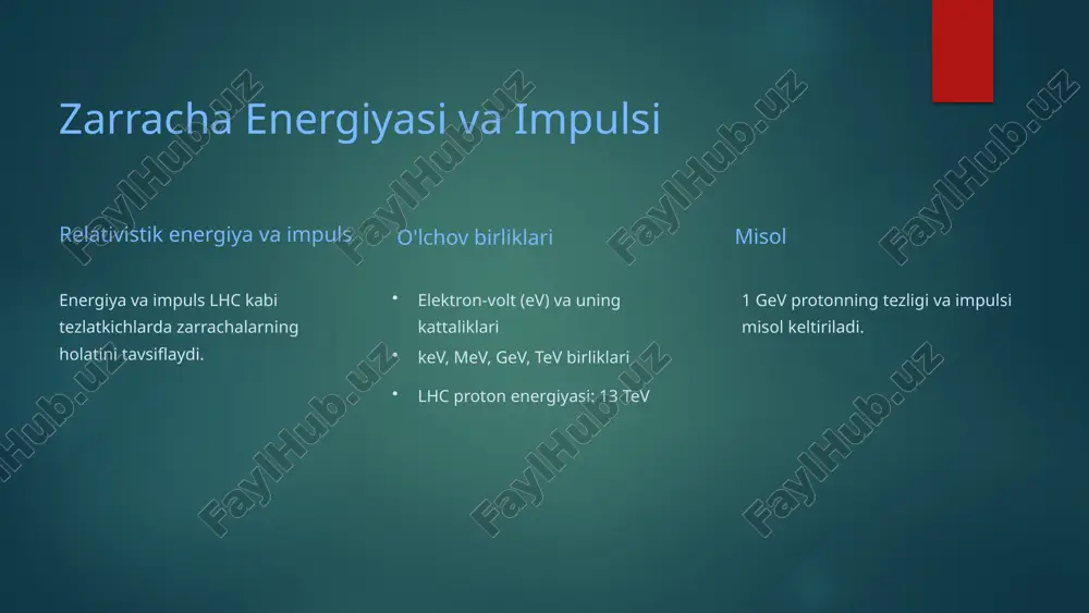 ac – stanford chiziqli tezlatgichi (aqsh) uzunligi: 3.2 km dunyodagi eng uzun chiziqli tezlatgich asosan elektronlar va positronlarni tezlashtirishda ishlatiladi j-parc (yaponiya) neytronlar va protonlar bilan tajribalar o‘tkaziladi asosan materialshunoslik, biologiya va yadro fizikasi uchun ishlatiladi tezlatgichlar sohasida istiqbolli yo‘nalishlar kompakt va energiyatejamkor tizimlar katta hajmli tezlatgichlar o‘rniga kichik, samarali qurilmalar ishlab chiqilmoqda masalan: stol usti o‘lchamidagi lazer-plazma tezlatgichlar yuqori aniqlikdagi zarracha terapiyasi tibbiy sohada proton va og‘ir ion terapiyasi yanada takomillashmoqda kasalliklarni aniq nishonga olib davolash imkoniyati ortmoqda xalqaro hamkorlik loyihalari cern, ilc (international linear collider), clic kabi loyihalarda ko‘plab davlatlar hamkorlik qilmoqda yadro fizikasi va fundamental zarrachalarni chuqur o‘rganish maqsad qilinmoqda diagnostika va monitoring tizimlari nurlanish diagnostikasi magnit va zarracha holatini aniqlash vositalari. zarrachalar yo'li kuzatuvi to'qnashuv paytida zarrachalarning harakatini monitor qiladi. vakuum va sovutish tizimlari qo'llab-quvvatlovchi jarayonlarning normal ishlashi. 14 foydalanilgan adabiyotlar omonov o.m., xamdamov m.k. yadro fizikasi va yadro texnologiyalari, toshkent: fan va texnologiya nashriyoti, 2020. …