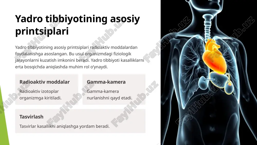 iqarish, tasvirlarni olish va natijalarni ko'rish mumkin. rentgen apparati-rentgen nurlanishini olish va undan foydalanish uchun uskunalar to'plami. tibbiyotda (rentgenografiya, floroskopiya, rentgenoterapiya), nuqsonlarni aniqlash, buzilmaydigan nazoratda qo'llaniladi. maxsus dizayndagi rentgen apparatlari rentgenospektral va rentgen strukturasini tahlil qilishda qo'llaniladi. rentgen apparati introskop va tomografning bir qismidir.. rentgen apparatlarining turlari; umumiy maqsadli rentgen diagnostika apparati,angiograf,palata rentgen apparati,dental rentgen apparati,pantomografik tish apparati, rentgen apparati,rentgen mammografi,fluorograf,rentgen kompyuter tomografi,rentgen terapiyasi apparati. https://ru.wikipedia.org/wiki/%d0%a2%d0%be%d0%bc%d0%be%d0%b3%d1%80%d0%b0%d1%84 yadro tibbiyoti va nur diagnostikasining afzalliklari yadro tibbiyoti va nur diagnostikasi bir qator afzalliklarga ega. ular kasalliklarni erta aniqlash, aniq tashxis qo‘yish va samarali davolash imkonini beradi. bundan tashqari, minimal invazivlik bemorlar uchun qulaylik yaratadi. erta tashxis aniq tashxis samarali davolash davolashda yadro tibbiyoti va nur diagnostikasining roli yadro tibbiyoti va nur diagnostikasi davolashda ham muhim rol o‘ynaydi. radioaktiv izotoplar saraton kasalliklarini davolashda qo‘llaniladi. nur terapiyasi esa o‘simtalarni yo‘q qilishda samarali usul hisoblanadi. radioaktiv izotoplar saraton kasalliklarini davolash. 1 nur terapiyasi o'simtalarni yo'q qilish.2 …
