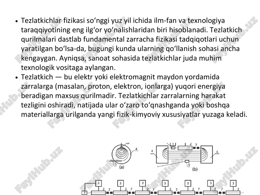 oralari shart. 4. malakali kadrlar yetishmasligi tezlatkichlarni boshqarish, sozlash va texnik xizmat ko‘rsatish uchun fiziklar, texnologlar va muhandislar zarur. bu esa har doim ham mavjud emas. 5. foydalanish doirasi chegaralangan bo‘lishi mumkin har bir tezlatkich ma’lum bir zarracha turiga moslashgan bo‘lib, uni boshqa maqsadlarda ishlatish uchun qayta sozlash talab etiladi. 6. energiya sarfi yuqori tezlatkichlar odatda yuqori voltaj va chastota bilan ishlaydi, bu esa sanoat tarmoqlari uchun energetik bosim yaratadi. xalqaro tajriba dunyoning yetakchi davlatlari tezlatkich texnologiyalarini sanoatga keng joriy qilmoqda: yaponiya: tezlatkichlar yordamida tibbiyot asboblarini sterilizatsiya qilishda global yetakchilardan biri hisoblanadi. bundan tashqari, oziq- ovqat mahsulotlarini radiatsion ishlov berish orqali eksportga yo‘naltiriladigan mahsulotlar xavfsizligini ta’minlaydi. janubiy koreya: elektron nur yordamida polimer va tibbiyot materiallarini modifikatsiya qilish orqali yangi texnologiyalar yaratmoqda. germaniya: quyosh batareyalari va nozik elektron qurilmalar ishlab chiqarishda tezlatkich texnologiyalaridan foydalanmoqda. bu esa energiya samaradorligini oshiradi. aqsh: ilmiy izlanishlar, sog‘liqni saqlash va sanoatning turli sohalarida tezlatkichlardan foydalangan holda …