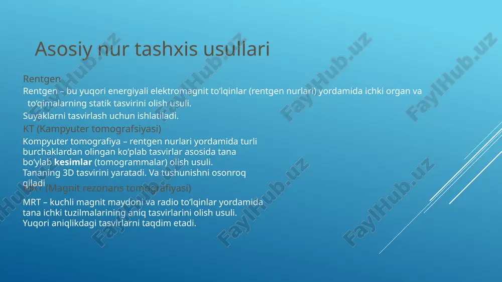qalishini, yurak mushaklarining ishemiya darajasini aniqlashda muhim. pet/kt 10 o‘zbekistonda yadro tibbiyoti va nur diagnostikasining roli sog‘liqni saqlash tizimidagi o‘rni yadro tibbiyoti orqali organizmdagi ichki a’zolar faoliyatini molekulyar va funksional darajada aniqlash imkoniyati mavjud. bu, ayniqsa, yurak, qalqonsimon bez, suyak, buyrak, va o‘smalarning aniqlanishida muhim rol o‘ynaydi. nur diagnostikasi esa (rentgen, kt, mrt, pet/kt) tananing anatomik tuzilishini baholashda qo‘llanadi. ilmiy-tadqiqot va kadrlar tayyorlash toshkent tibbiyot akademiyasi, samdtu, andijon va buxoro tibbiyot institutlarida klinika fizikasi, dozimetriya, va yadro tibbiyoti fanlari o‘qitilmoqda. yadro fizikasi va tibbiy fiziklar tayyorlovchi yo‘nalishlar universitetlarda yo‘lga qo‘yilgan. 11 etiboringiz uchun raxmat foydalanilgan manbalar: https://www.health.com/pet-scan-7254361?utm_source https://uz.wikipedia.org/wiki/yadro_tibbiyoti https://uz.wikipedia.org/wiki/nur_tashxis_usullari molekulyar fizika. — toshkent: ziyonet, 2014. https://library.ziyonet.uz/uzc/book/14620 https://uz.wikipedia.org/wiki/elektroensefalografiya image1.png image2.jpeg image3.png