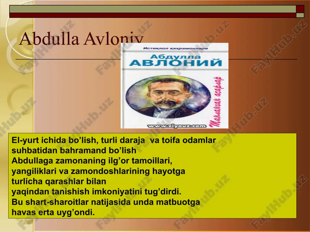 behbudiy 1875 yilning 19-yanvarida samarqand shahri siyob tumanidagi baxshitepa qishlog`ida, ruhoniy-ziyoli oilasida dunyoga keladi. otasi imom-xatib, o`qimishli, ma'rifatli kishi bo`lib ilm-fanga ihlos bilan qaragan. oiladagi muhit undagi ma'rifat, adabiyot va ijtimoiy hayotga bo`lgan qiziqishning kuchayishiga imkon tug`dirdi. behbudiyning otasi islom huquqshunosligi bo`yicha yirik mutaxassis bo`lib, bu borada ko`plab kitob va risolalar yaratgan edi. bu, o`z navbatida, mahmudxo`jaga ta'sir o`tkazmay qolmadi. u keyinchalik bu haqda so`zlab, maqolalaridan birida otasi yozgan "hidoya", "islom huquqiga sharhlar" asarining o`z taqdirida katta rol' o`ynaganini alohida qayd etgan. maxmudxo`ja 6-7 yoshlarga yetganda ziyoli tog`alari- muhammad siddiq va mulla odil yordamida xat savod chiqardi. " behbudiy kitob savdosi va kutubxona ishining asoschisi" behbudiy (1875-1919) 20 asr boshlarida turkiston xalqlari ma'rifati, madaniyati, tarixi, iqtisodi, savdo-tijorati, kelajagi haqida juda katta g`amxo`rlik qilgan, butun xayoti-yu, faoliyatini shu xalq baxt-saodati uchun kurashga bag`ishlagan buyuk ajdodlarimizdan biridir... o`z xayoti, faoliyati bilan turkiston xalqlari tarixida milliy uyg`onish deb atalagan mazkur jarayonga zo`r ijobiy …