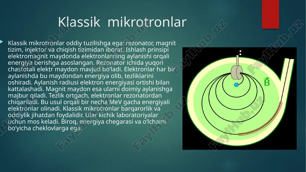ari tajriba asosida yaratilmoqda. shuningdek, sun’iy sun’iy yo‘ldoshda ishlaydigan mikrotron loyihalari ishlab chiqilmoqda. shahar ekologiyasini nazorat qiluvchi tizimlarda ham mikrotronlardan foydalanish kutilmoqda. mikrotronlarni ommaviy ishlab chiqarish tizimi yo‘lga qo‘yilishi rejalashtirilgan. xulosa yangi avlod mikrotronlari ilm-fan, sanoat va tibbiyot uchun muhim texnologik yutuqdir. ularning ko‘p qirrali ishlatilishi katta imkoniyatlar yaratmoqda. supero‘tkazuvchanlik, ixchamlik va avtomatlashtirilgan tizimlar ularni kelajakning quroliga aylantiradi. energiya tejamkorligi esa ekologik muammolarga yechim sifatida qaralmoqda. radiatsion xavfsizlik masalalari puxta o‘rganilishi kerak. tibbiyot sohasida keng joriy etilishi aholi salomatligi uchun katta foyda keltiradi. sanoat uchun esa sifatli mahsulot ishlab chiqarish kafolatlanadi. yangi tadqiqotlar, davlat dastaklari va investorlar ishtiroki mikrotronlar rivojini jadallashtiradi. shunday ekan, mikrotronlar texnologiyasiga e’tibor yanada kuchaytirilishi tavsiya etiladi. foydalanilgan adabiyotlar 1. ginzburg, v. l. uskoriteli zaryajennix chastits. — m.: nauka, 2010. — 456 s. 2. kapitsa, p. l. mikrotroni i ix primenenie v fizike visokix energiy. — m.: energoatomizdat, 2005. — 248 s. 3. alexandrov, a. f., modern …