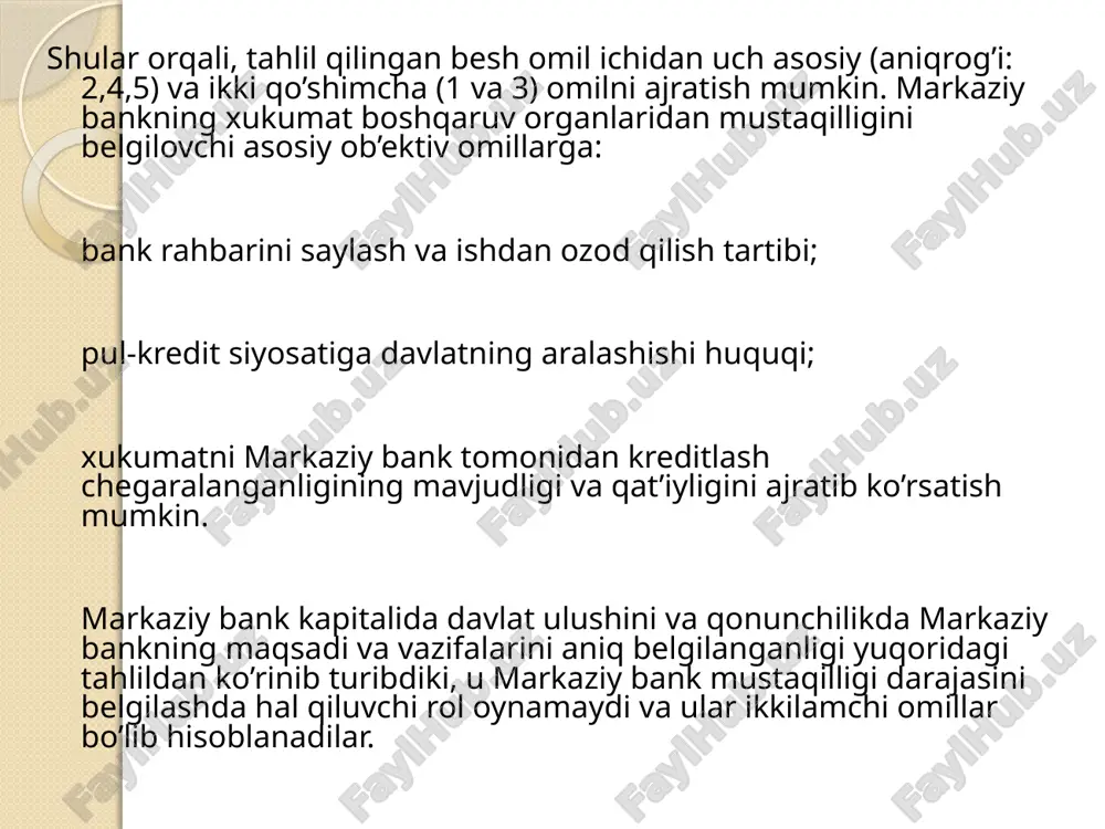 markaziy banklar sifatida tan olingan. shunday bo’lsa-da, nemis federal bankining 100 foiz kapitali federatsiyaga, federal rezerv tizimi kapitali esa, 100 foiz a’zo-banklarning to’liq mulkiga tegishli. va aksincha, banklar va sug’urta kompaniyalarining mulkiga tegishli bo’lgan italiya markaziy banki davlat boshqaruv organlariga qaramdir. bu omilning tahlilidan kqrinadiki, markaziy banklar kapitali egalarining tarkibidan qat’iy nazar, ular uning pul-kredit siyosatidagi mustaqilligiga ahamiyatli ta’sir ko’rsata olmaydi. markaziy bankning mustaqilligi darajasini belgilovchi keyingi omil, bank rahbarining saylanish tartibi hisoblanadi. bu omil markaziy bankning davlat organlari boshqaruvidan qanchalik darajada siyosiy mustaqilligini belgilashda muhim omil bo’lib hisoblanadi. birinchi qarashda, mamlakatlar o’rtasidagi farq faqat markaziy bankning boshqaruv lavozimiga nomzodlarni kim tavsiya etishida namoyon bo’ladi. ko’pgina rivojlangan davlatlarda yaponiya, aqsh, avstriya) bank rahbariyatiga xukumat tavsiya etgan nomzodlar saylanadi yoki tayinlanadi. https://fayllar.org/asosiy-qism-1-tashqi-fotoeffekt.html https://fayllar.org/asosiy-qism-1-tashqi-fotoeffekt.html https://fayllar.org/asosiy-qism-1-tashqi-fotoeffekt.html https://fayllar.org/germaniya-bank-tizimi.html https://fayllar.org/germaniya-bank-tizimi.html https://fayllar.org/germaniya-bank-tizimi.html https://fayllar.org/germaniya-bank-tizimi.html https://fayllar.org/germaniya-bank-tizimi.html https://fayllar.org/germaniya-bank-tizimi.html https://fayllar.org/germaniya-bank-tizimi.html https://fayllar.org/yaponiya-konstitutsion-monarxiya-hisoblanadi-yaponiya-konsitut.html markaziy banklarning raislari va boshqaruv a’zolarini qonun boyicha ishdan olish tartibi ham qiziqarli holatda rasmiylashtirilgan. ko’pgina sanoati rivojlangan mamlakatlar …