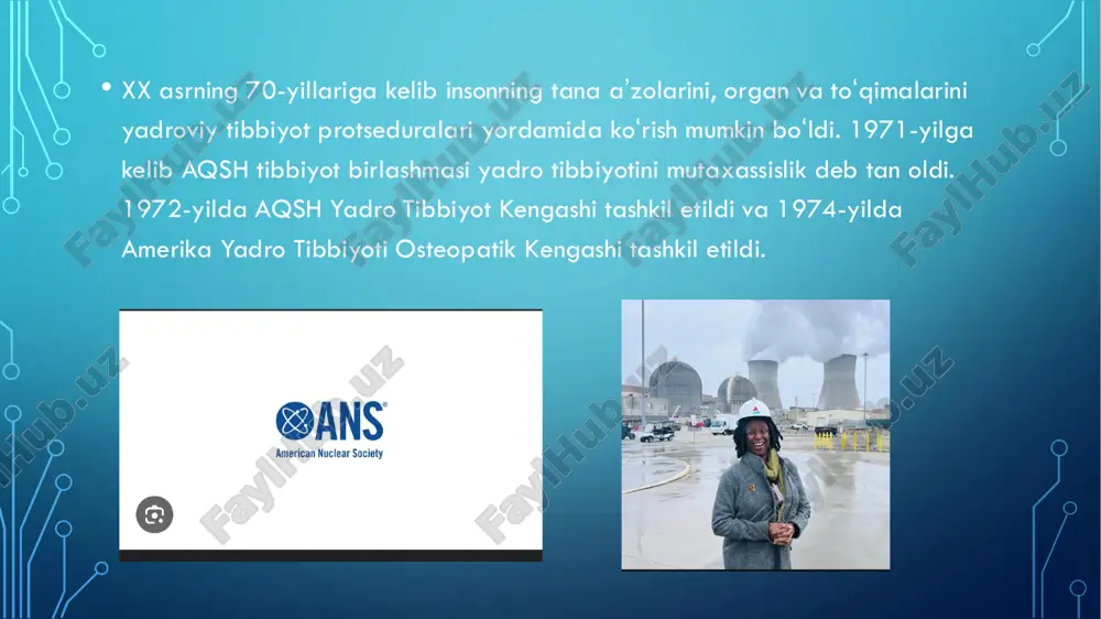 dir, xususan, radioaktiv etiketli ligand. radioligandlar diagnostika uchun yoki tananing retseptorlari tizimlarini oʻrganish uchun va saratonga qarshi radioligand terapiyasi uchun ishlatiladi spect apparati butun tana suyagini tekshiradi. bemor mashina boʻylab sirpanib oʻtadigan stol ustida yotadi, bir juft gamma kamera esa uning atrofida aylanadi. pozitron emissiya tomografiyasi. • pozitron emissiya tomografiyasi (pet) metabolik jarayonlardagi va boshqa fiziologik faoliyatdagi oʻzgarishlarni koʻrish va oʻlchash uchun izotop indikatorlar deb nomlanuvchi radioaktiv moddalardan foydalanadigan funktsional hususiyatlarni , qon oqimi, mintaqaviy kimyoviy tarkibini tasvirlash usuli hisoblanadi. tanadagi maqsadli jarayonga qarab, turli xil tasvirlash maqsadlari uchun turli moddalar qo ʻllanadi. masalan, 18-f-fdg odatda saraton kasalligini aniqlash uchun ishlatiladi, naf18 suyak shakllanishini aniqlash uchun keng qoʻllanadi va kislorod-15 baʼzan qon oqimini oʻlchash uchun ishlatiladi. • emissiya va transmissiya tomografiyasi tushunchasi 1950-yillarning oxirida devid e. kuhl, lyuk chapman va roy edvards tomonidan kiritilgan. keyinchalik ularning ishlari pensilvaniya universitetida bir nechta tomografik asboblarni loyihalash va qurishga olib keldi. 1975 yilda …