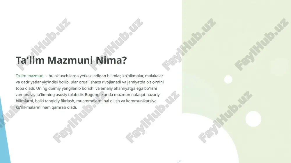 e’tibor qaratish. sun’iy intellekt va avtomatlashtirish – o‘quvchilarning bilim darajasini tahlil qilish va individual ta’lim yo‘nalishini belgilash. steam yondashuvi – fan, texnologiya, muhandislik, san’at va matematikaning uyg‘unligi orqali kreativ fikrlashni rivojlantirish. hayotiy ko‘nikmalarga yo‘naltirish – tanqidiy fikrlash, ijodkorlik, muammolarni hal qilish va kommunikativ ko‘nikmalarni shakllantirish. zamonaviy ta’limda innovatsiyalar xulosa: ta'limni yaxshilash yo‘llari mazmunni dolzarb qilish o‘quv dasturlarini zamon talablari va amaliy ehtiyojlarga mos ravishda doimiy yangilab borish. metod va vositalarni moslashtirish o‘quvchilarning individualligini hisobga olib, eng samarali ta'lim metodlari va vositalarini tanlash. innovatsiyalarni joriy etish ta'limga yangi texnologiyalar va yondashuvlarni faol tatbiq etish orqali sifatni oshirish. doimiy rivojlanish har bir o‘qituvchi va ta'lim muassasasi uchun uzluksiz o‘rganish va rivojlanish zarurati. 14 image1.png image2.png image3.png image4.png image5.png image6.png image7.png image8.png image9.png image10.png image11.png image12.png image13.png image14.png image15.png