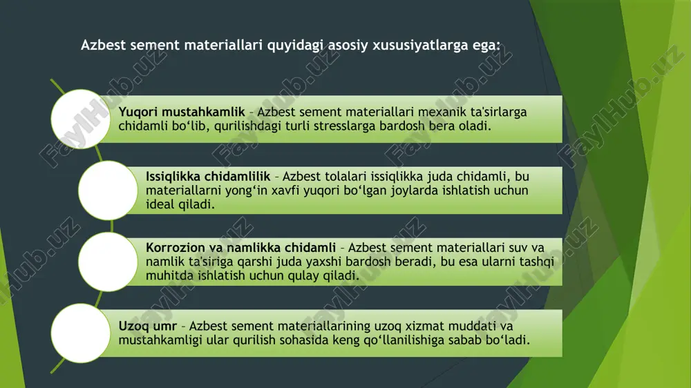 lish sanoatida keng qo'llanilsa-da, ularning ishlab chiqarishida va ishlatilishida xavfsizlikka katta e'tibor qaratish zarur. samarali ishlab chiqarish jarayonlari va ekologik xavfsizlikni ta'minlash uchun ilg‘or texnologiyalarni joriy etish muhimdir. azbestning salomatlikka zararli ta'sirini kamaytirish uchun xavfsizlik me'yorlarini kuchaytirish, shuningdek, ekologik zararlarni kamaytirish bo'yicha chora-tadbirlar amalga oshirilishi kerak. image1.png image2.png image3.png image4.png /docprops/thumbnail.jpeg