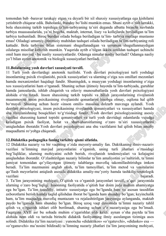 ogika fanlari tizimi ma'naviy-semantik asosda avtoritar, gumanistik, huquqiy, pravoslav va hamkorlik pedagogikasini o'z ichiga oladi . 8.pedagogika fanining ilmiy tadqiqot metodlari va ularning tasnifi. 8. pedagogik yo'nalishda tadqiqotlami olib borishda quyidagi metodlardan foydalanilmoqda: 1. pedagogik kuzatish metodi. 2. suhbat metodi. 3. anketa metodi. 4. intervyu metodi. 5. talim muassasasi hujjatlarini tahlil qilish metodi. 6. test metodi. 7. pedagogik tahlil metodi. 8. bolalar ijodini o'rganish metodi. 9. pedagogik tajriba metodi. 10. matematik-statistik metod 9.shaxs haqida tushuncha. 9. shaxs — alohida individ, mohiyatan yaxlit ijtimoiy-axloqiy olam. u oʻzida inson mohiyatini, uning mavjudot sifatidagi qadriyatini mujassam etadi. shaxs ijtimoiy-gumanitar fanlarda oʻz yoʻnalishi, tadqiqot obyekti va maqsadi nuqtai nazaridan turlicha talqin etiladi. u oʻta murakkab, ziddiyatli, qarama-qarshi, oʻzini oʻzi inkor etadigan mavjudot sifatida, biologik, fiziologik, ijtimoiy, maʼnaviy, ruhiy, axloqiy va estetik aqlidrok, tafakkur obyekti sifatida, hatto, falsafiy va mantiqiy, yashash huquqi va hayot mantigʻi jihatidan tadqiqot manbaiga aylanishi mumkin. 10.shaxs rivojlanishiga ta'sir etuvchi omillar. …