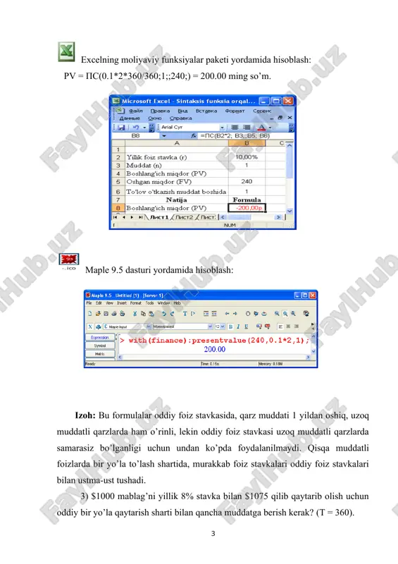 arz muddati tugashiga to’lov qiymatini aniqlang (oddiy foizli stavka; t=365 kun). 5. jamg’aruvchi 800 000 so’mni bankga qo’yib 1 mln. so’m qilib qaytarib olmoqchi. bankning yillik foiz stavkasi 12%. jamg’aruvchining jamg’arish muddatini kunlarda aniqlang (oddiy foizli stavka; t=365 kun). 7. jamg’aruvchi 850 000 so’mni bankga qo’yib 1 mln. so’m qilib qaytarib olmoqchi. bankning yillik foiz stavkasi 11.5%. jamg’aruvchining jamg’arish muddatini kunlarda aniqlang (oddiy foizli stavka; t=365 kun). 8. jamg’aruvchi 900 000 so’mni bankga qo’yib 1.2 mln. so’m qilib qaytarib olmoqchi. bankning yillik foiz stavkasi 12.5%. jamg’aruvchining jamg’arish muddatini kunlarda aniqlang (oddiy foizli stavka; t=365 kun). 9. jamg’aruvchi bir yildan so’ng 5 mln. so’m qilib qaytarib olish maqsadida bankga mablag’ qo’ymoqchi. bankning yillik foiz stavkasi 25%. jamg’aruvchining qo’yishi kerak bo’lgan boshlang’ich mablag’ qiymatini aniqlang (t=365 kun). 10. jamg’aruvchi bir yildan so’ng 3 mln. so’m qilib qaytarib olish maqsadida bankga mablag’ qo’ymoqchi. bankning yillik foiz stavkasi 15%. jamg’aruvchining qo’yishi kerak bo’lgan boshlang’ich …