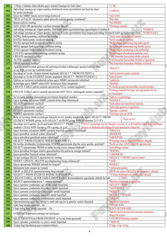 i tushunchani aniqlang? *mavjudlik 59. kortrej bu ....? * qator 60. edigan kod kim bo‘lgan? *matematik 61. munosobat nima? *jadval 62. relyatsion bazaga o‘xshash juda bo‘lgan analogini ko‘rsating? *ikki o‘lchamli jadval 63. tushuncha qanday ma’lumotlar modeliga tegishli? *relyatsion 64. domen bu ....? * ustun 65. nuqtalar o‘rniga to‘g‘ri keladigan so‘zni ko‘rsating. ……….ustunlar to‘plami berilgan qatorlar guruhidir * jadval 66. katakcha massiv shaklidagi qiymatni qabul qiladimi *yo‘q 67. jadval ma’lumot kaliti bu .... * jadval ma’lumotlar yig‘indisi bo‘lib, uning har bir qatorini aniqlaydi 68. realyatsion ma’lumotlar bazasida ma’lumotlarni saqlashning asosiy formasi *jadval 69. realyatsion maydonda mohiyat aloqa diagrammasini o‘zgartirganda atribut nimaga o‘zgaradi? *atributga 70. unikal identifikator nima * bir qatorni boshqa qatordan ajratib turadigan qiymatga ega ustun 71. jadvalning har xil qatorlari bir xil qiymatdagi kalitga ega bo‘ladimi? *yo‘q 72. qator bu? * yozuv, kortej, ekzempleyar,borliq 73. realyatsion maydonda mohiyat aloqa diagrammasini o‘zgartirganda mohiyat nimaga o‘zgaradi? * jadvalga 74. unikal maydon …
