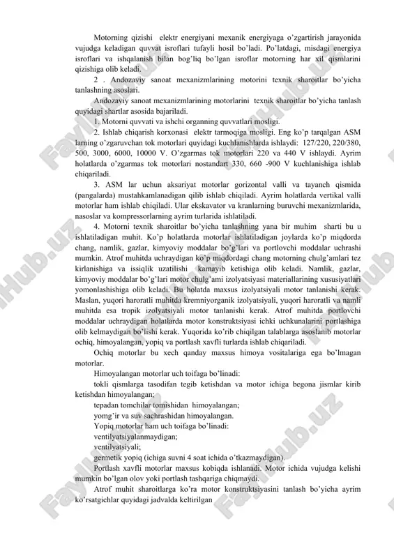 , uning kirish yoki chiqish qismlarida o’rnatilgan drossellar yordamida havo oqimini rostlash va shuningdek kirish qismiga o’rnatilgan havoni yo’naltiruvchi apparatlar yordamida amalga oshirilishi mumkin. ish unumdorligi drossellar va havo oqimini yo’naltiruvchi apparatlarni qo’llab hamda tezligini mexanik uzatish qurilmalari (reduktor, variator) yordamida rostlanadigan ventilyator qurilmalarida ventilyator motorini boshqarishda elektr energiyaning qiymatini o’zgartirish yo’li bilan tezlikni rostlash elektr sxemalari ishlatilmaydi. katta quvvatli ventilyatorlarda sinxron va faza rotorli asinxron motorlar qo’llanilsa, nisbatan kichik quvvatli ventilyatorlarda esa rotori qisqa tutashtirilgan asinxron motorlar qo’llaniladi. ventilyatorlar ish unumdoligini oshirishning iqtisodiy jixatdan eng ma’quli bu motor tezligini rostlash. ventilyatorning o’zgaruvchan tok elektr yuritmalarida chastotani rostlab tezlikni boshqarish ventilyatorning quvvat koeffitsienti va fik nominal qiymatlariga teng qiymatlarda ishlashiga olib keladi. 2 - maruza. andozaviy sanoat mexanizmlarining motorini texnik sharoitlar bo’yicha tanlash reja: 1. andozaviy sanoat mexanizmlarining motorini texnik sharoitlar bo’yicha tanlash ahamiyati; 2 . andozaviy sanoat mexanizmlarining motorini texnik sharoitlar bo’yicha tanlashning asoslari. tayanch so’z va iboralar: motorning …