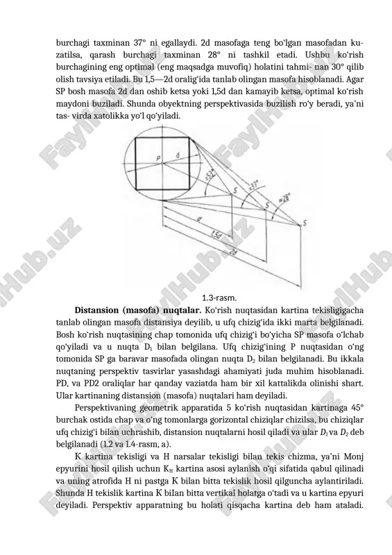 a tekislik hosil qilguncha aylantiriladi. shunda h tekislik kartina k biian bitta vertikal holatga o‘tadi va u kartina epyuri deyiladi. perspektiv apparatning bu holati qisqacha kartina deb ham ataladi. kartinada d1 va d2 distansion nuqtalarni aniqlash uchun p dan yu- qoriga sp masofa o‘lchab qo‘yiladi va u nuqta s' deb belgilanadi. s' dan s'p ga 45° burchak ostida to‘g‘ri chiziqlar o‘tkazilib, ufq chizig‘ida d1 va d2 nuqtalar aniqlanadi (1.4-rasm, b). 1.4-rasm. 2. nuqtaning perspektivasi. h da a1 nuqta, fazoda b' nuqta va uning h dagi proyeksiyasi b', berilgan bo‘lib, oldin a1 nuqtaning perspektiv tasvirini yasash ko‘rib chiqiladi (1.5-rasm, a). 1. ko‘rish nuqtasi s va uning h dagi asosi s1 narsalar tekisligidagi a1 nuqta bilan tutashtirilib chiqiladi. bu yerda sa1 ko‘rish nuri, s1a1 ko‘rish nurining h dagi proyeksiyasi deyiladi. s1a1 va kh bitta h tekislikka tegishli bo'lganligi uchun ular o‘zaro ak nuqtada kesishadi. ssla1, uchburchak tekislik h ga perpendikular bo‘lganligi uchun …
