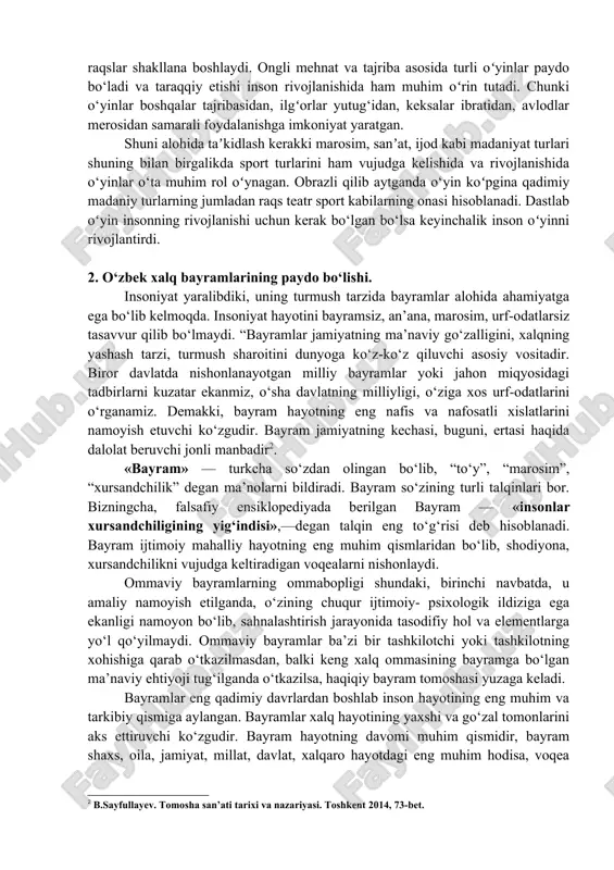 da ikki pahlavonning otdan tushib, qurol-aslahalarini taxlab qoʻyib bellashayotgani, jumladan, bir-birlarini belbogʻidan tutib ikkinchi qoʻli bilan (otlari oldida taxlab qoʻyilgan) qurol sanchiqni olishga intilayotganligi aks ettirilgan. albatta, kurashchi-pahlavonlarning qiyofasi va liboslari ham bizning diqqatimizni tortadi. birinchi holda libosini aniqlash qiyinga oʻxshaydi, ikkinchi holda esa pahlavon egnida uzun chalvor (hozirgi kombinzonga oxshash), oyoqlarida poshnasiz choriq, sochlari oʻrilgan, uzun, orqaga tashlab qoʻyilgan; uchinchi holatda – pahlavonlarning egnida gulli chapon, oyoqlarida choriq, boshida qiyiqcha va hokazo. (bu haqda qarang: asqarov a. moziyga tutash qadriyat. oʻzbekiston adabiyoti va sanʼati. 2001 yil, 1 yanvar). ovchilik asosida chorvachilik shakllanadi, chorvachilikda muayyan hayvonlar ot, hoʻkiz, eshak, tuya, mehnatidan foydalanish jarayonida ham bu hayvonlar harakatlarini taqlid qiladigan o‘yinlar vujudga keladi. masalan; hush-hush, shohmot, qush haydash, qoʻsh hayda, ilk bor ot egarlash vaqtida qaysar ot kabi o‘yinlar paydo bo‘ladi. shuningdek qoʻy junlarini olish mavsumiy marosimi, qoramol terilarini oshlash va ulardan po‘stin tikish, jun yigirish va kiyim to‘qish anʼanalari, turli …