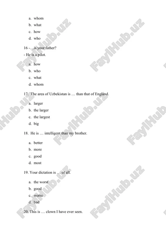 75. his group …of fifteen students. a. consists b. consist c. consisting d. is consists 76. hello, …? i am fine thank you. a. what are you b. how are you c. how is you d. how do you do? 77. english is … favorite subject. a. my friend b. she c. he d. her 78. samarkand is … most beautiful city in central asia. a. an b. this c. the d. a 79. the thames is … river in great britain. a. longer b. the longest c. the longer d. the long 80. spring is … season of the year. a. the most pleasant b. more pleasant c. most pleasant d. pleasanter 81. the leaves … the trees are red and yellow in september. a. on b. at c. under d. in 82. every day at night i switch … my phone, because it is very harmful for health. …