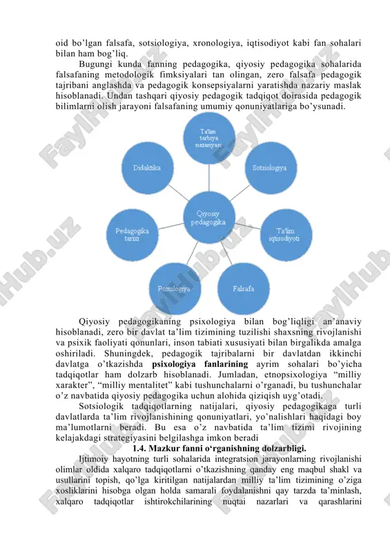 alar va pedagogik nazariya deb hisoblaydi. b.suxodol’skiy esa qiyosiy pedagogikaning tadqiqot predmeti ancha keng ekanligini, u ta’lim mazmuni va metodlari, o’qitishni tashkil qilish masalalarini ham qamrab olishini ta’kidlaydi. rus olimi a.m.stolyarenko qiyosiy pedagogikaning predmetini pedagogika va maktab amaliyoti bo’yicha butun dunyo miqyosidagi tajribalar deb hisoblaydi va qiyosiy pedagogikaning asosiy maqsadi pedagogika va maktab amaliyotini takomillashtirish bo’yicha dunyo ta’lim tizimi tajribalariga asoslangan tavsiyalarni ishlab chiqishdan iborat deb ta’kidlaydi. yuqoridagi fikrlardan xulosa qilib aytadigan bo’lsak, qiyosiy pedagogikaning predmeti turli davlatlarda, turli tarixiy davrlarda mavjud bo’lgan ta’lim tizimidir. qiyosiy pedagogikaning predmeti - jahon (chet el va milliy) pedagogik tajribani rivojlanish holati, tendentsiyalari va qonuniyatlari hamda zamonaviy milliy pedagogik madaniyat. qiyosiy pedagogikaning asosiy vazifalari: 1. chet el ta’lim tizimi rivojining real jarayonlarini aks ettiruvchi yangi va yaxshi, ma’lum bo’lmagan jihatlarini tizimli bayon etish. 2. jahon mamlakatlarida ta’lim tizimi rivojlanishining muhim qonuniyat va tendentsiyalarini aniqlash hamda tahlil etish va tizimlashtirish. 3. turli davlatlar ta’lim tizimi …
