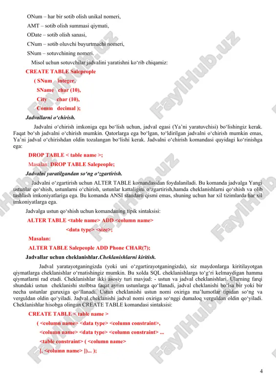 ni o‘rnatadi. bundan buyon quyida keltirilgan 3 ta jadvaldan iborat ma’lumotlar bazasini ko‘ramiz. jadval sotuvchilar (salepeople): snum sname city comm 11 peel london 0.12 12 serres san jose 0.13 14 motika london 0.11 snum – har bir sotuvchi unikal nomeri, sname – sotuvchi nomi, city – sotuvchi adresi ( shahar ), comm – sotuvchilarning o‘nli shakldagi komission foydasi. jadval buyurtmachilar (customers): cnum cname city rating snum 21 hoffman london 100 11 22 giovanni rome 200 13 23 liu sanjose 200 12 cnum – har bir buyurtmachi unikal nomeri, cname – buyurtmachi nomi, city – buyurtmachi adresi ( shahar ), rating – buyurtmachining boshqalardan ustunlik darajasini ko‘rsatuvchi kod ( reyting ), snum – shu buyurtmachiga tayinlangan sotuvchi nomeri. jadval buyurtma (orders): onum amt odate cnum snum 38 4723.00 1990/10/05 26 11 310 1309.95 1990/10/06 24 12 onum – har bir sotib olish unikal nomeri, amt – sotib olish summasi qiymati, odate …