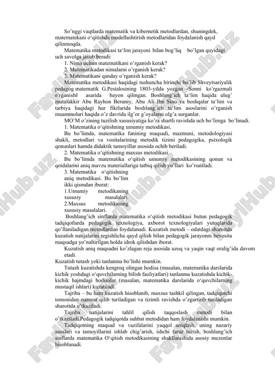 adi. bu hol matematika o‘qitish masalalarini hal etishda metodik va nazariy yaqinlashishning bir butunligini ta‘minlaydi. ikkinchi tomondan, pedagogika umumiy qonuniyatlarini shakllantirishda xususiy metodikalar tomonidan erishilgan ma‘lumotlarga tayanadi, bu uning hayotiyligi va aniqligini ta‘minlaydi. shunday qilib, pedagogika metodikalarning aniq materialidan ―oziqlanadi‖, undan pedagogik umumlashtirishda foydalaniladi va o’z navbatida metodikalarni ishlab chiqishda yo’llanma bo’lib xizmat qiladi. matematika metodikasi pedagogika, psixologiya va yosh psixologiyasi bilan bog’liq. boshlang’ich matematika metodikasi ta‘limning boshqa fan metodikalari (ona tili, tabiatshunoslik, rasm, mehnat va boshqa fanlar o‘qitish metodikasi) bilan bog’liq. o‘qitishda predmetlararo bog’lanishni to’g’ri amalga oshirish uchun o‘qituvchi buni hisobga olishi juda muhimdir. ilmiy-tadqiqot metodlari – bu qonuniy bog’lanishlarni, munosabatlarni, aloqalarni o’rnatish va ilmiy nazariyalarni tuzish maqsadida ilmiy axborotlarni olish usullaridir. kuzatish, tajriba, maktab hujjatlari bilan tanishtirish, o‘quvchilar ishlarini o’rganish, suhbat va so’rovnomalar o’tkazish ilmiy-pedagogik tadqiqot metodlari jumlasiga kiradi. so’nggi vaqtlarda matematik va kibernetik metodlardan, shuningdek, matematekani o‘qitishda modellashtirish metodlaridan foydalanish qayd qilinmoqda. matematika metodikasi ta‘lim jarayoni bilan …
