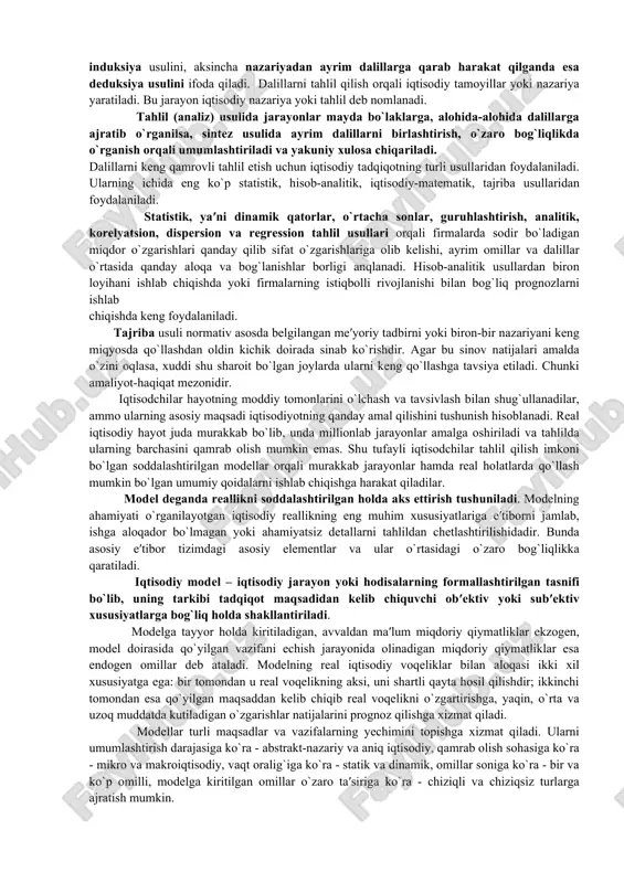 qtisodiyot. pozitiv mikroiqtisodiyot real iqtisodiy hodisalarni va ularning aloqadorliklarini o`rganadi. pozitiv tahlil iqtisodiyotdagi hodisalarni tushuntirishni bildirsa, normativ tahlil bular qanday bo`lishi kerak, degan savolga javob beradi. aqsh hukumati avtomobillar importiga kvota belgilaydi, deylik. bunda mamlakatda chiqariladigan avtomobillarning narxi, ularning miqdori va sotilishida nima o`zgaradi? bu avtomobillardan foydalanuvchilarga va avtomobil sanoatida ishlovchilarga qanday ta’sir etadi, degan savollar paydo bo`ladi. bu savollar pozitiv tahlil doirasiga kiradi. mikroiqtisodiyotda pozitiv tahlil markaziy o`rin egallaydi. benzinga yangi hukumat darajasida soliq belgilash ko`rib chiqilyapti, deb faraz qilaylik. yangi soliq kiritilishi bilan benzin narxi o`zgaradi, bu benzinni kam sarflaydigan avtomashinalarga bo`lgan talabni, shuningdek bu mashinalardan kundalik hayotda foydalanilishi va boshqa narsalarni o`zgartirib yuboradi. o`z faoliyatini oqilona rejalashtirish uchun neft va avtomobilsozlik kompaniyalari davlat soliq siyosatining turli oqibatlari qanday bo`lishini aniqlashlari kerak bo`ladi. bu ishni avtomobil uchun ehtiyot qismlar ishlab chiqaruvchilar, sayohat bilan shug’ullanuvchi firmalar ham bajarishi kerak. avtomobil kompaniyalari soliq qabul qilingandan keyingi maksimal foydani, katta va …