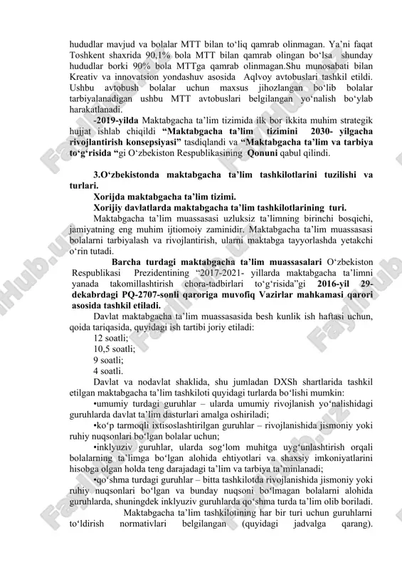 ar tayyorlangan, shu bilan bir qatorda ilmiy-tadqiqot ishlari olib borilgan. 1919-yilda xalq maorifi komissariyati tomonidan “maktabgacha ta’lim” bo’yicha butun ittifoq anjumani bo’lib o’tdi. bunda ijtimoiy maktabgacha ta’lim sohasini tashkil etish, bola tarbiyasining nazariy-amaliy masalalari o’rin oladi. •2017-yil 30-sentabr kuni mamlakatimizda ilk bor o‘zbekiston respublikasi prezidentining farmoni bilan “maktabgacha ta’lim vazirligi” tashkil etildi. -shu yilning o‘zida ma’muriy huquqiy baza takomillashtirildi. -2018-2020- yillar mobaynida tizimni takomillashtirish uchun 76 ta normativ huquqiy hujjatlar ishlab chiqildi va tasdiqlandi. ilk marotaba davlat xususiy sherikchilik mexanizmi amalga oshirildi va davlat tomonidan 1trln.965mlrd so‘m imtiyozli kredit ajratildi. -oilaviy nodavlat maktabgacha ta’lim tashkilotlari tashkil etildi. -ilk marotaba “ilk qadam” davlat o‘quv dasturi ishlab chiqildi. -imkoniyati cheklangan ota-onalarning bolalari to‘lovdan ozod etildi. -1 oiladan 2 va undan ortiq 1ta ota-onaning farzandi mttga qatnaydigan bolalarning badal pullari 29% ga kamaytirildi. -davlat mttlarida sog‘lom va sifatli ovqatlantirishni yo‘lga qo‘yish maqsadida ota –onalar badal pullariga qo‘shimcha tarzda davlat tomonidan pul ajratildi. -pedagog …