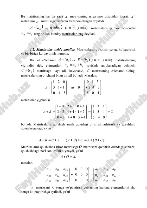 g iqtisodiyotdagi tadbiqlari misol 1. t vaqtda neftga bo’lgan talab chiziqli bo’lsin bu yerda yuqorigi indekslardagi t vaqt davrini ifodalaydi(darajani emas) neft narxi, o’rtacha daromad, o’rinbosar yoqilg’i narxi, komplemanın narxi (masalan, avtomobil), aholi. neftga bo’lgan t vaqtdagi bu chiziqli talab vektor ko’rinishida quyidagicha ifodalanilishi mumkin misol 2. neftga bo’lan talab (million barrelda) ni q = βx modelida tushuntirish mumkin va bunda bo’lsin,deb faraz qilaylik. tavsiflovchi o’zgaruvchilar vektori bo’lganda neftga bo’lgan talabni hisoblang. yechish. neftga bo’lgan talabni quyidagicha hisoblanadi shunday qilib javob 29,92 million barrel. misol 3. telefon apparatlarini ta’mirlovchi usta 70% telefonlarni past darajada, 20% o’rta darajada va 10% to’liq ta’mirdan chiqardi. statistik ma’lumotlarga ko’ra 70% past darajada ta’mirlangan telefonlarni bir yildan keyin qayta 10% past darajada, 60% o’rta darajada, 30% ni to’liq ta’mirlashadi. o’rta darajada ta’mirlangan telefonlarni bir yildan keyin qayta 20% past darajada, 50% o’rta, 30% ni to’liq ta’mirlashadi. to’liq ta’mirlangan telefonlarni bir yildan keyin qayta 60% past …