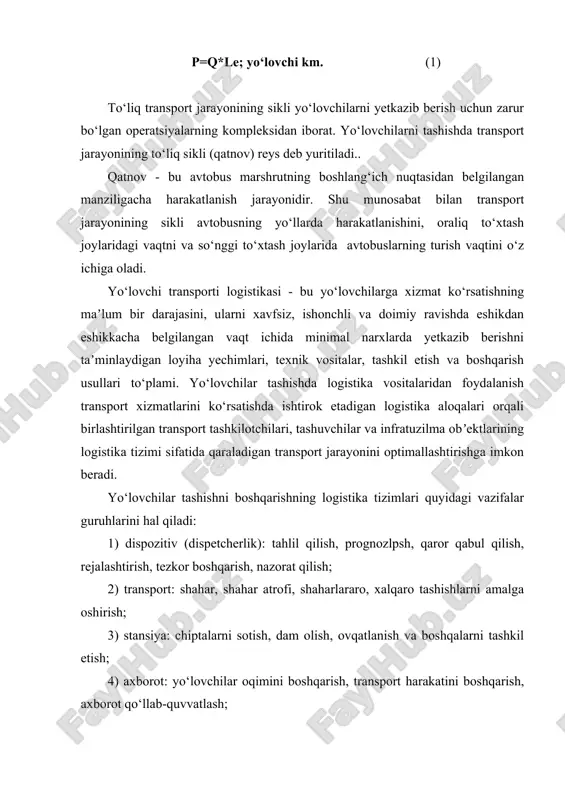 lar tashishni boshqarishning logistika tizimlari quyidagi vazifalar guruhlarini hal qiladi: 1) dispozitiv (dispetcherlik): tahlil qilish, prognozlpsh, qaror qabul qilish, rejalashtirish, tezkor boshqarish, nazorat qilish; 2) transport: shahar, shahar atrofi, shaharlararo, xalqaro tashishlarni amalga oshirish; 3) stansiya: chiptalarni sotish, dam olish, ovqatlanish va boshqalarni tashkil etish; 4) axborot: yo‘lovchilar oqimini boshqarish, transport harakatini boshqarish, axborot qo‘llab-quvvatlash; 5) maxsus: tegishli transport xizmatlarini ko‘rsatish, sug‘urta, kreditlash, moliyalashtirish va boshqalar. yo‘lovchi transporti logistik tizimi ikki guruhga – mikro va makro logistik tizimlarga bo‘linadi (2-rasm). mikrologistik tizimlarga yo‘lovchilarga transport xizmati ko‘rsatuvchi korxonalar kiradi. ular o‘zlarining taʼminoti, ishlab chiqarish va boshqaruviga ega. mikrologistik transport korxonasi o‘z ishlab chiqarish texnologiyasiga ega bo‘ladi. masalan, agar transport korxonasi transport vositalarini taʼmirlash dasturiga ega bo‘lsa, uning ichki ishlab chiqarish logistik tizimi asosiy masalalari quyidagilardan iborat bo‘ladi: 1) inson va moddiy resurslardan samarali foydalanish; 2) zaxiralarni optimallashtirish; 3) korxonada kapital aylanishini tezlashtirish; 4) tovar ishlab chiqarish va aylanishi vaqtini kamaytirish; 5) …