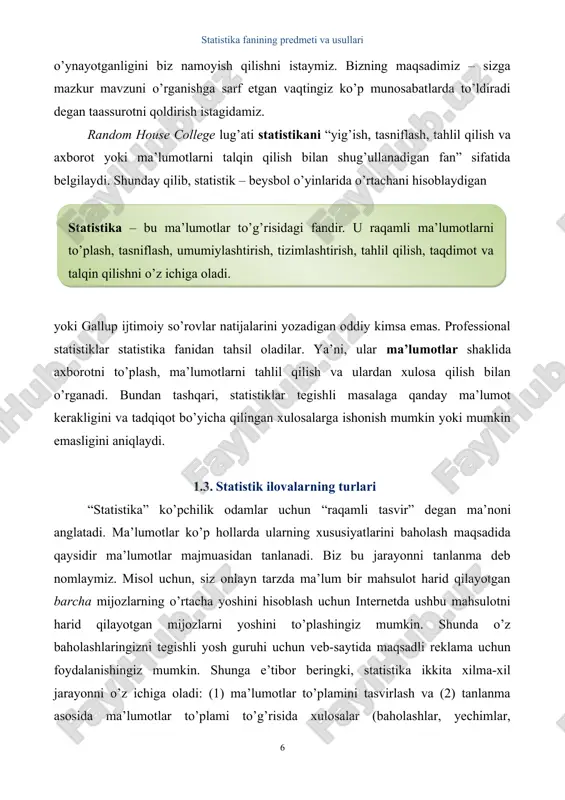 ) ni ta’riflash. shunday qilib, statistikaning qo’llanilishini ikkita asosiy sohaga bo’lish mumkin: tasviriy statistika va analitik statistika. 1.4. statistikaning asosiy unsurlari statistik usul (metod) lar esperimental birliklarning bosh to’plamini o’rganish, tahlil qilish va bilim olish uchun foydalidir. masalan, bosh to’plam o’z ichiga (1) aqshdagi barcha yollangan xodimlarni, (2) kaliforniyada barcha ro’yhatdagi saylovchilarni, (3) oits xastaligidan har bir aziyat chekayotganlarni, (4) muayyan yig’ish liniyasidan o’tgan yili ishlab chiqarilgan barcha avtomobillarni, (5) united airlines ga texnik xizmat ko’rsatish obyektidagi ehtiyot qismlarning butun zaxirasini, (6) ma’lum yil davomida makdonalds restoranining darchasidan yo’lovchilar tomonidan jami qilingan xaridlarni, yoki (7) ta’til mavsumi davomida shtatlar orasidan o’tadigan avtomagistralning muayyan qismida sodir bo’ladigan barcha halokatlar to’plamini oladi. e’tiboringizni shularga jalb qilsangiz, bosh to’plamning birinchi uchta misoli (1-3) to’plam (guruh) larni ifodalasa, keyingi ikkitasi (4-5) obyektlar to’plamini, keyingisi (6) operatsiyalar to’plamini va so’nggisi (7) hodisalar to’plamini ifodalaydi. shuni unutmangki, har bir guruh o’z ichiga bosh to’plamning barcha birliklarini …