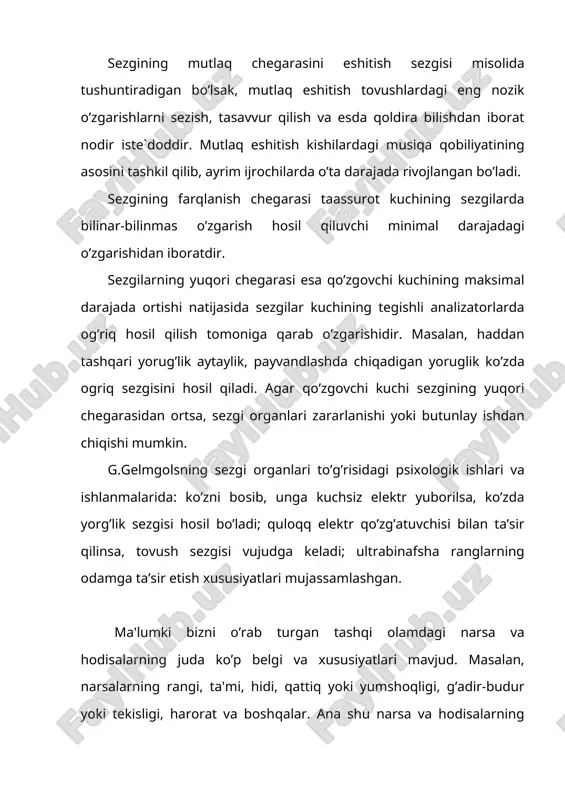 rini biz ham turlicha sezgi a'zolarimiz orqali ongimizda aks ettiramiz. tevarak-atrofimizdagi narsa va hodisalarning turli xil belgi hamda xususiyatlari har doim ham bizning sezgi a'zolarimizga ta'sir etib turadi. natijada bizda turli sezgilar hosil bo’ladi. chunonchi, nurlarning ko’zimizga ta'sir qilishi natijasida ko’rish sezgisi, har xil tezlik va kuchlanishdagi havo to’lqinlarining quloqimizga ta'sir etishi natijasida eshitish sezgisi, nafas olish paytida havo bilan birga burun bo’shlig’iga kirgan har turli modda zarrachalarining ta'siri natijasida hid sezgisi, biror narsani qo’limiz yoki badanimizga tegib ta'sir etish natijasida teri (taktil - biror narsaning terimizga tegishi) yoki bosim sezgisi va shu kabi sezgilar har doim hosil bo’ladi. demak, sezgi deb- atrofimizdagi narsa va hodisalarning sezgi a'zolarimizga bevosita ta'sir etishi natijasida ularning ayrim belgi va xususiyatlarini miyamizda aks ettirilishini aytamiz. sezgi bilish jarayonlari ichida oddiy psixologik jarayon bo’lib, tashqi olamdagi narsa va hodisalarni aks ettiradi. tashqi olamdan kelayotgan qo’zg’atuvchilarning muayyan reseptorlarga bevosita ta'sir etish orqali ayrim belgi va xususiyatlarni …